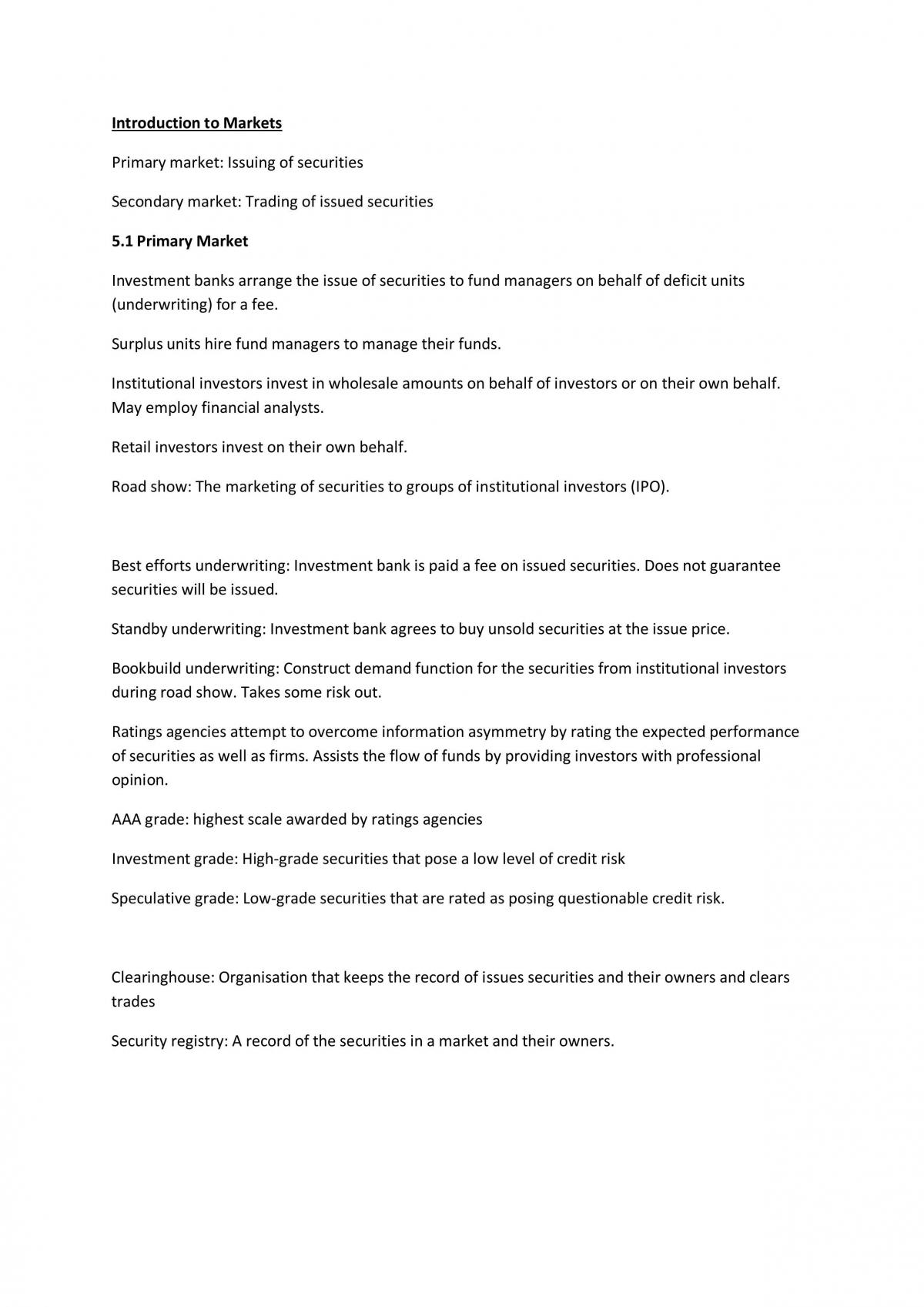 The Financial System - Markets Exam Study Notes - Page 1