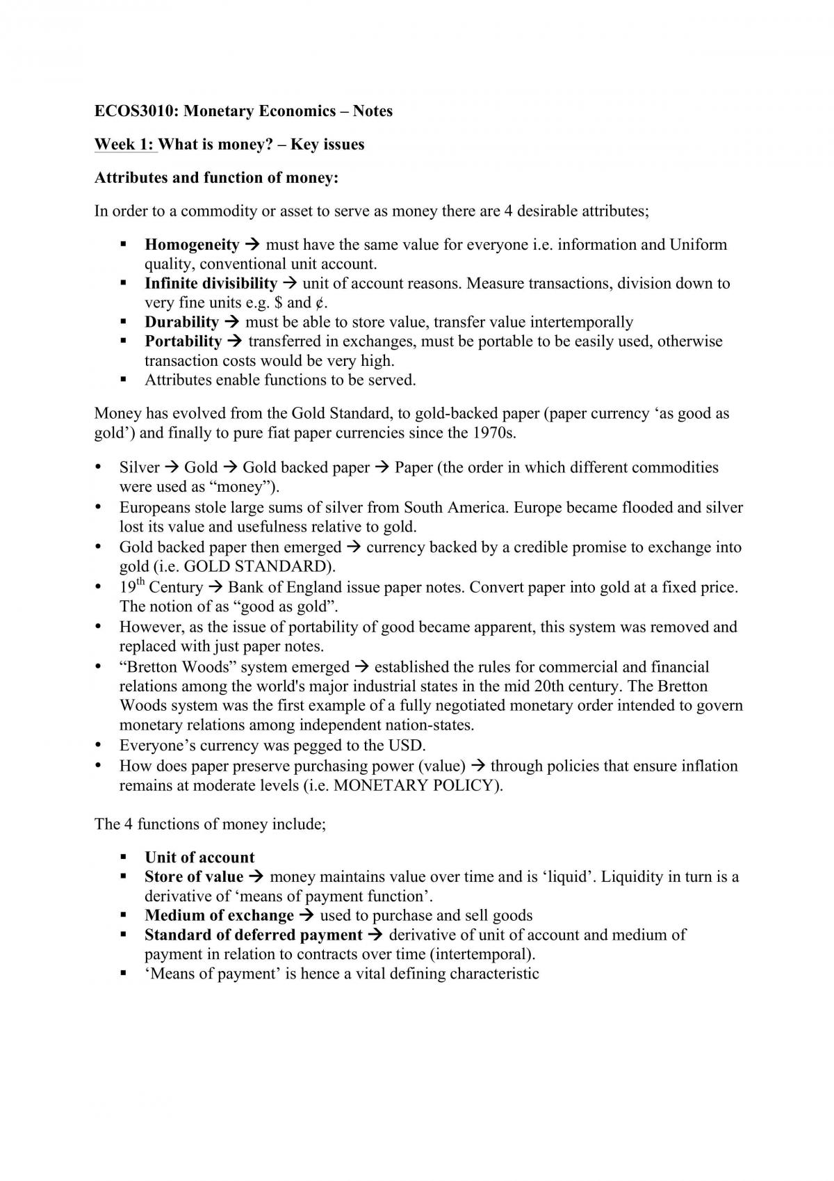 ECOS3010 Monetary Economics Notes - Page 1