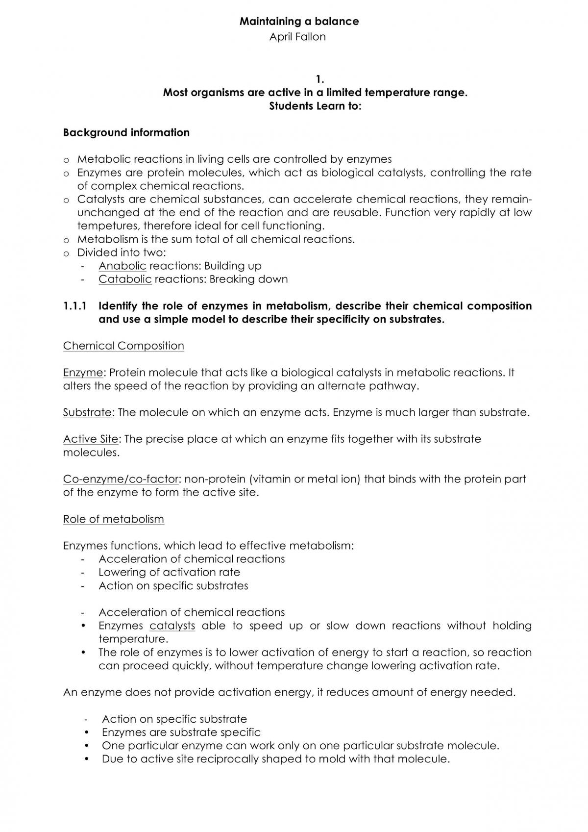 'Maintaining a Balance' Notes - Page 1