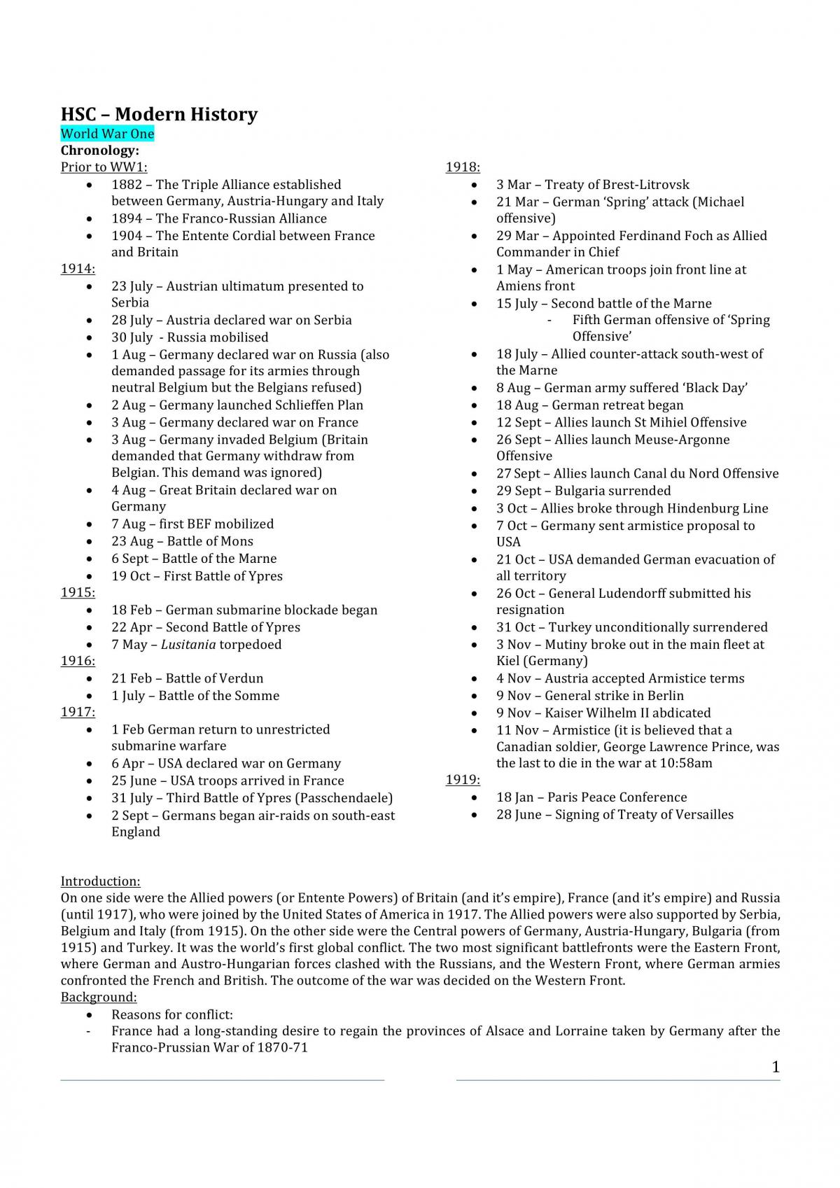 Core WW1 HSC Notes - Page 1
