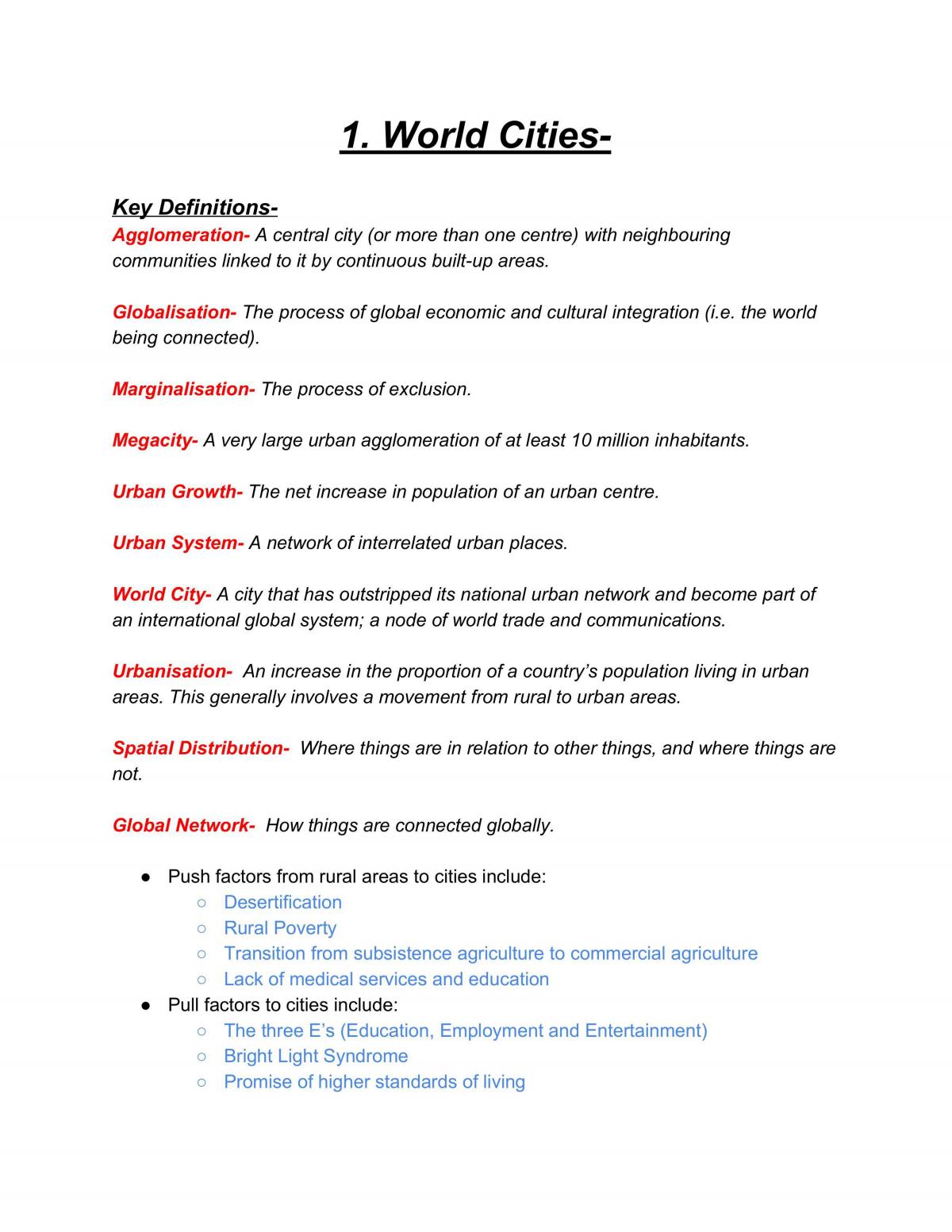 Band 6 World Cities Notes (Including a Case Study on Dubbo) - Page 1