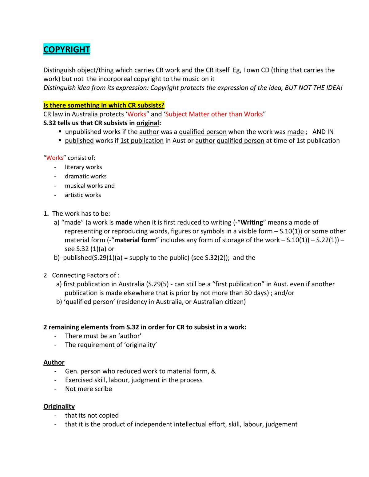 Intellectual Property exam notes (does not incl Trademarks) - Page 1