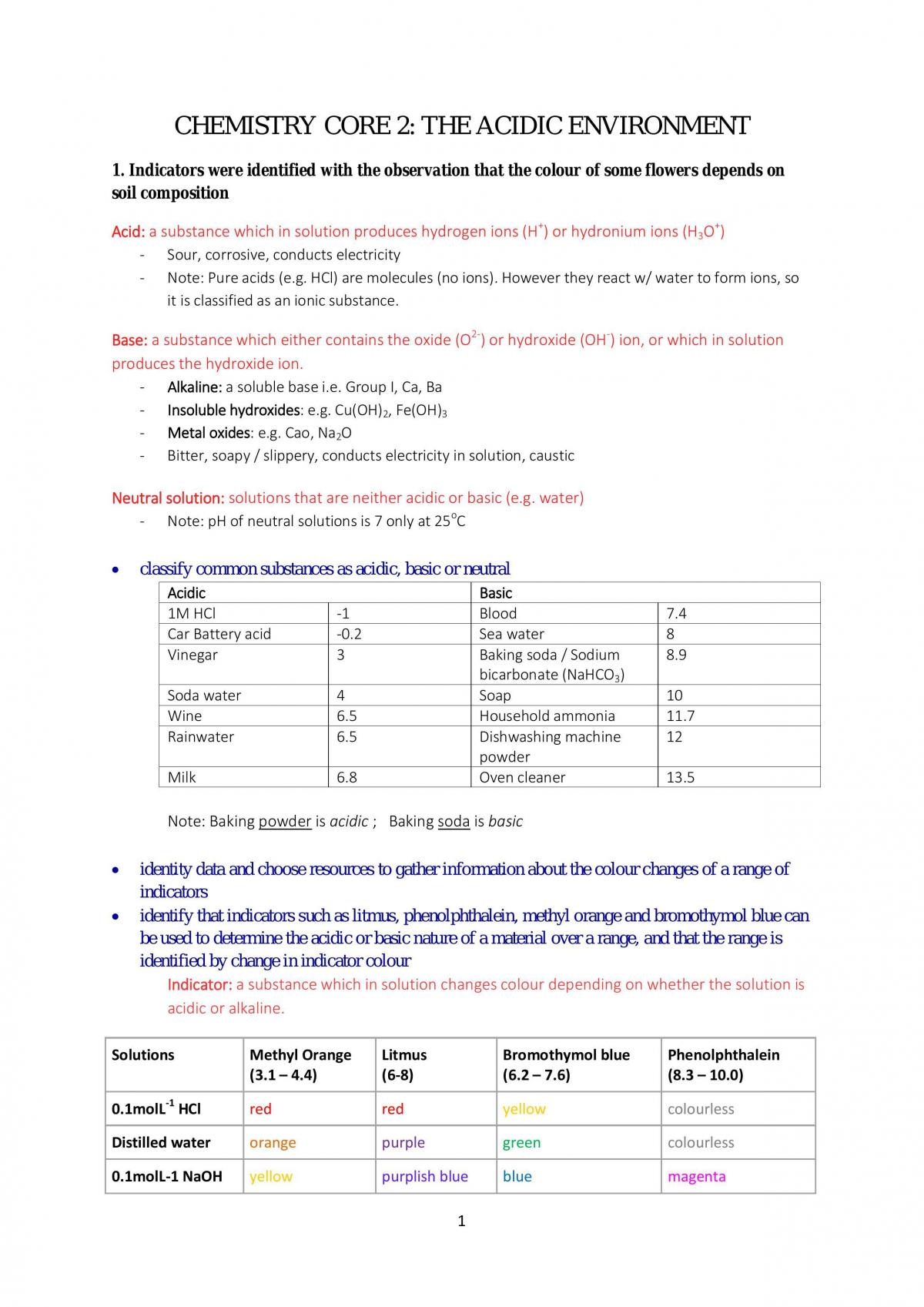 Notes on HSC Chemistry The Acidic Environment Module - Page 1