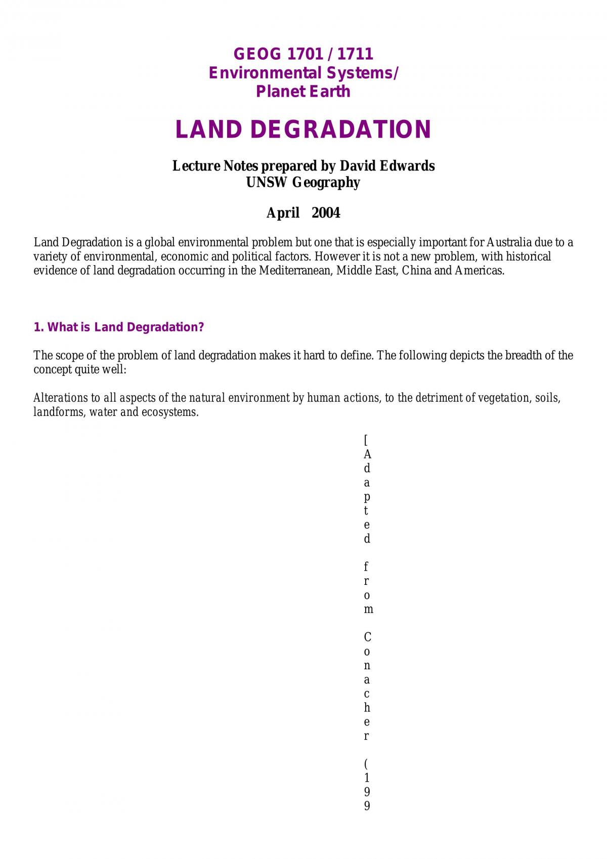 Lecture Note Land Degradation GEOS1701 Environmental Systems And