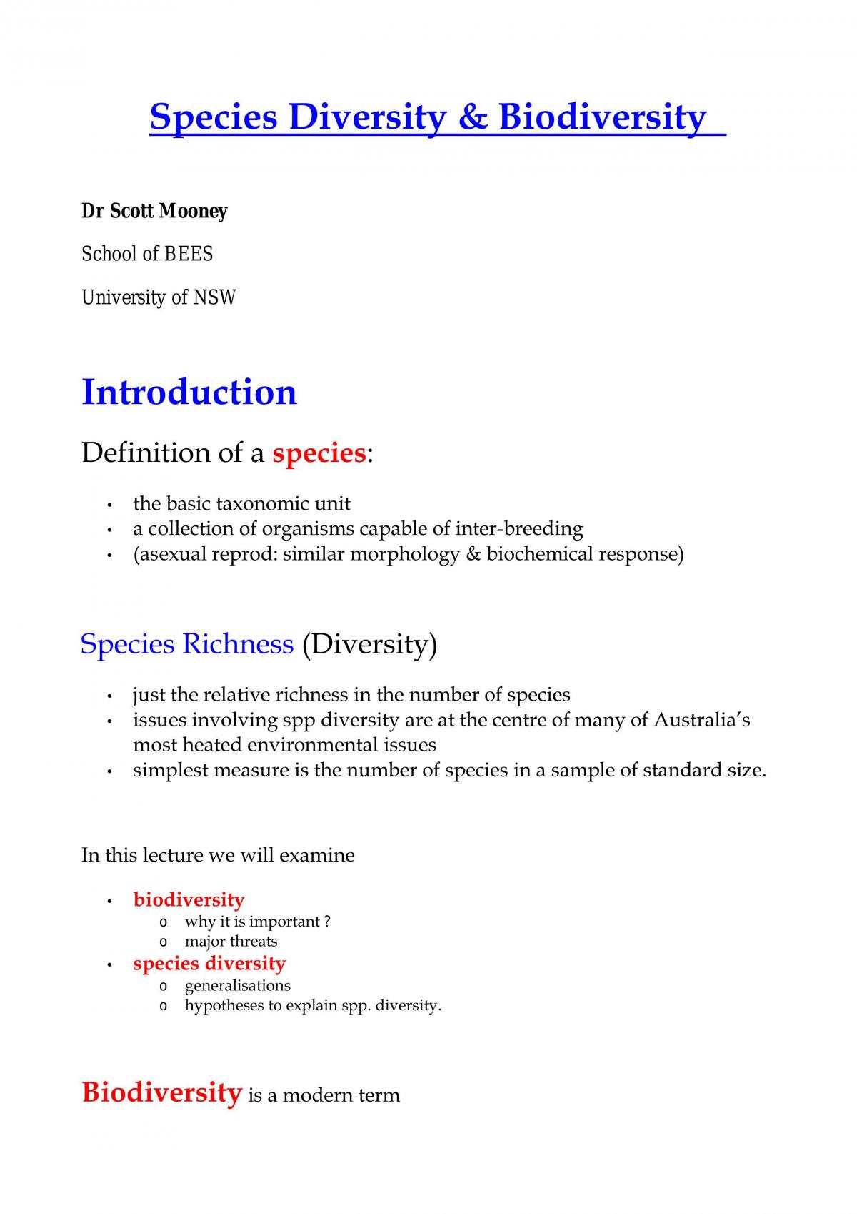 Lecture Note - Species Diversity & Biodiversity - Page 1
