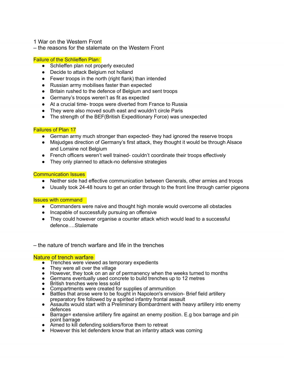 Modern WW1 Study Notes  - Page 1