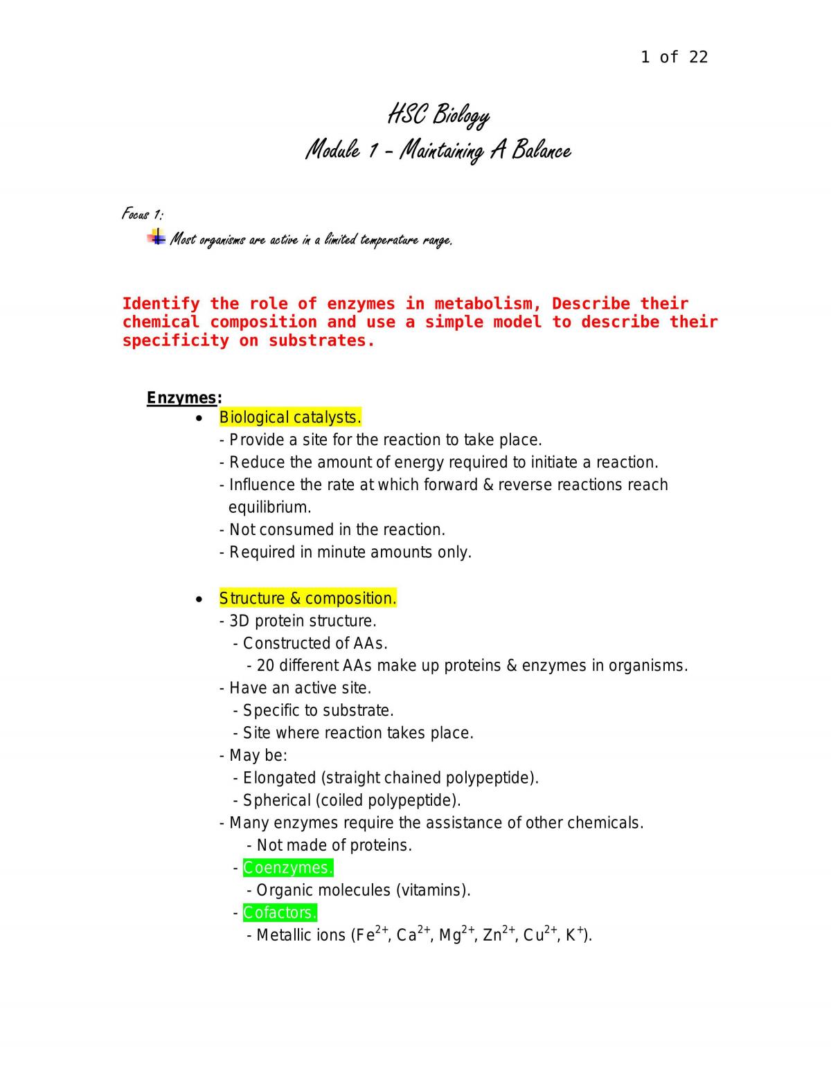 Biology Maintaining a Balance Notes - Page 1