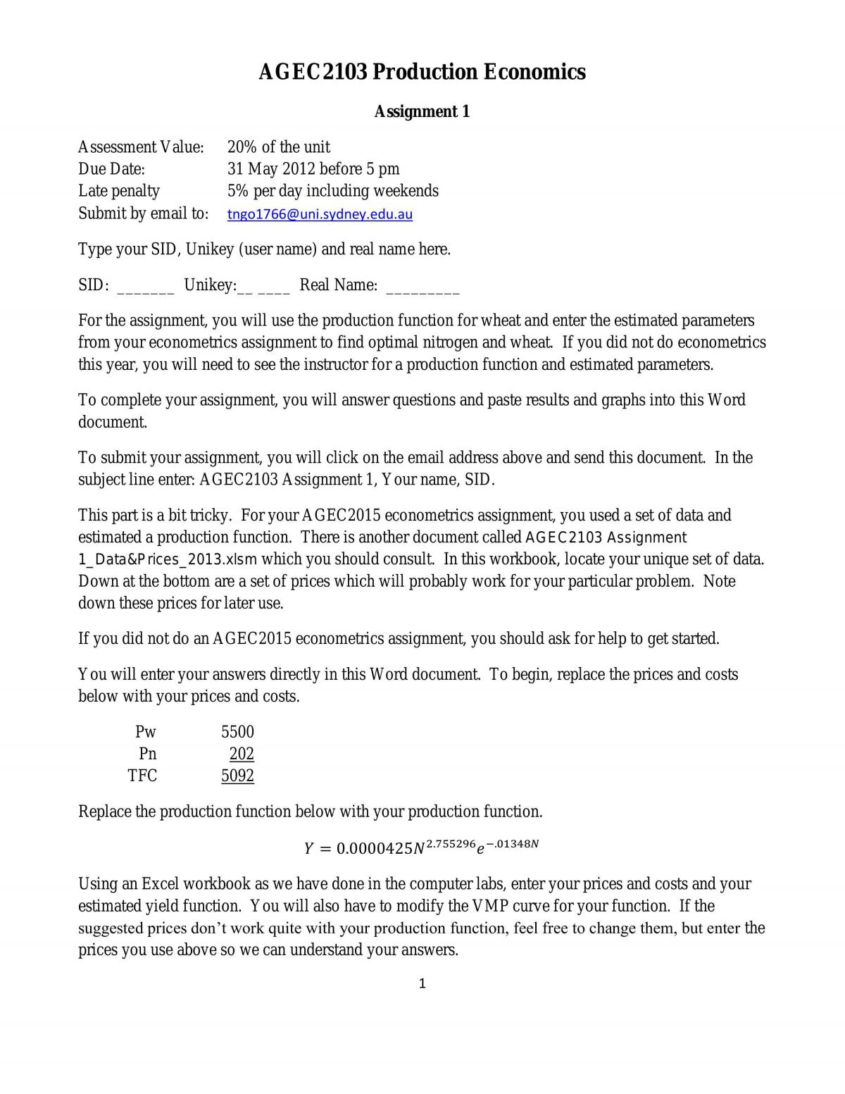 AGEC2103 Assignment 1 - Page 1