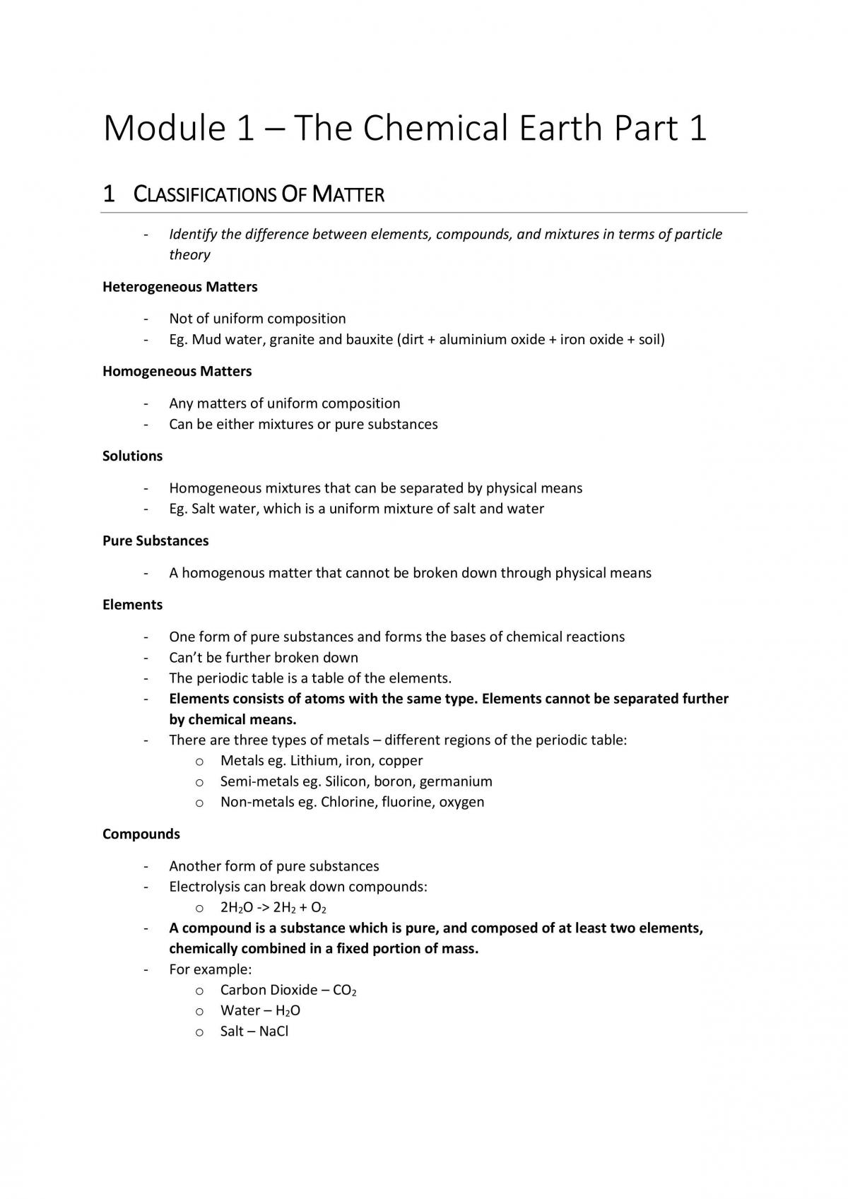 Notes for Year 11 Chemistry Module One  - Page 1