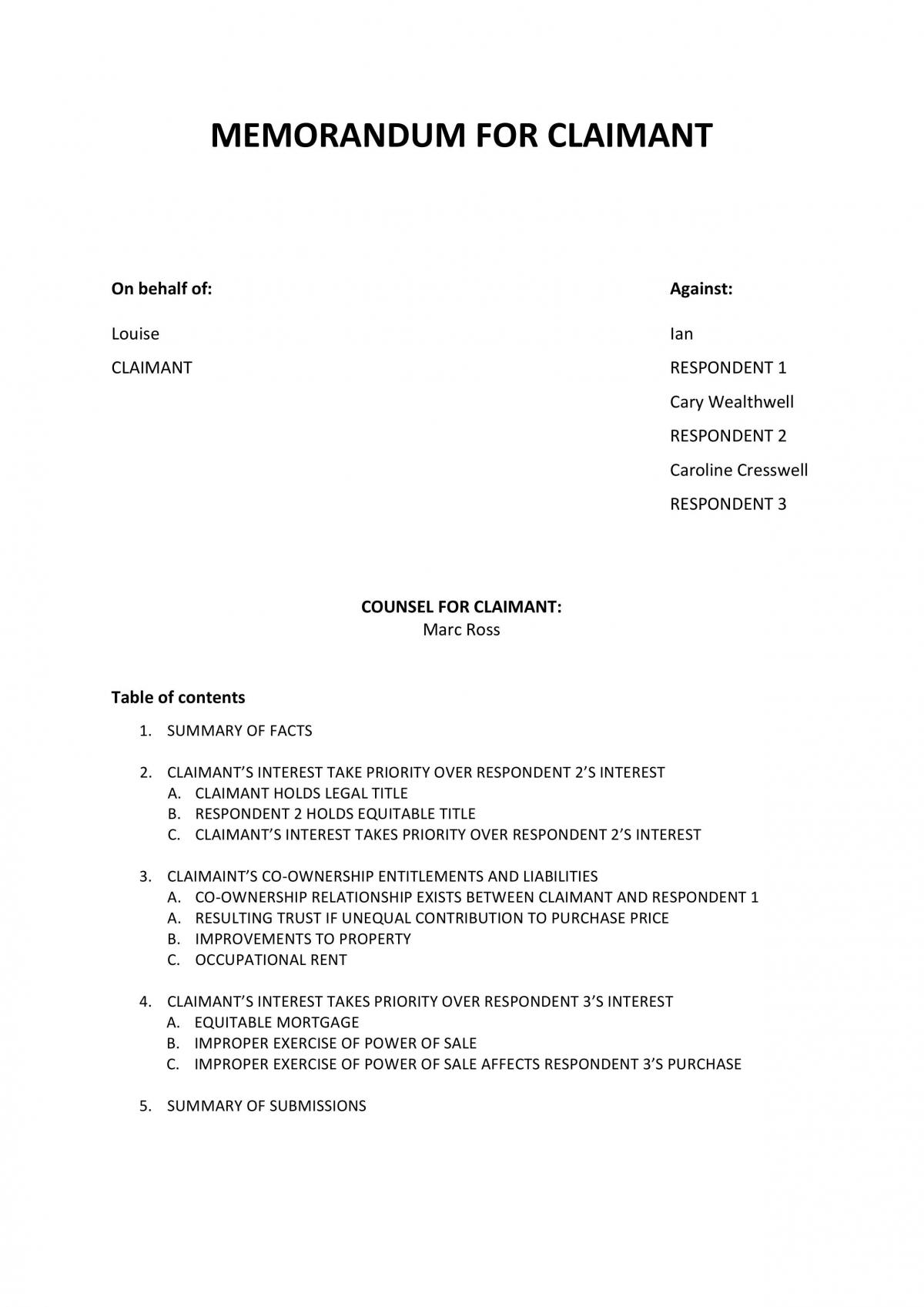 Memorandum for arbitration assignment - Page 1