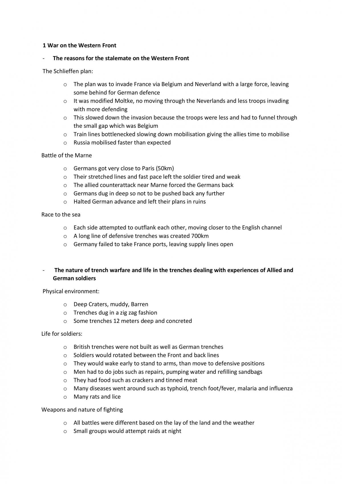 War on the Western Front - Quick Study Notes  - Page 1