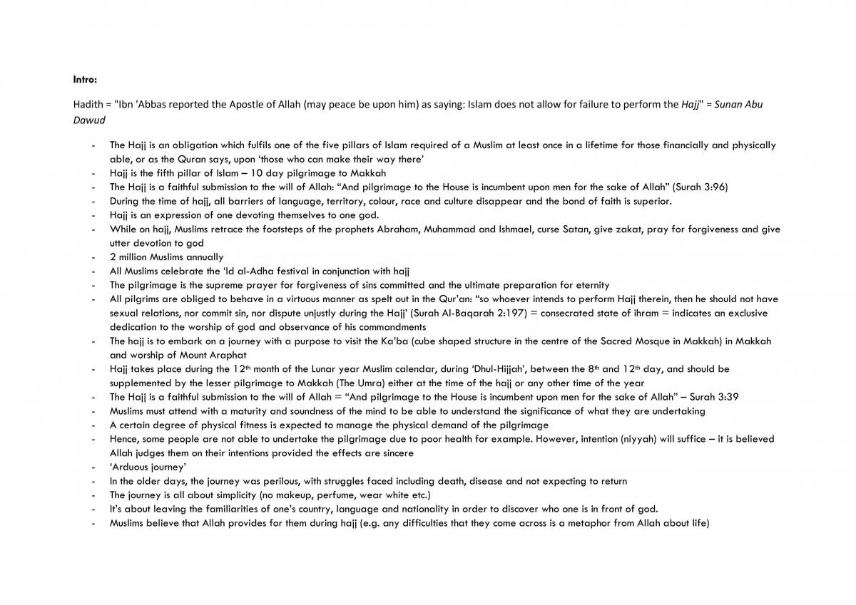 Islam: Hajj Study Notes  - Page 1