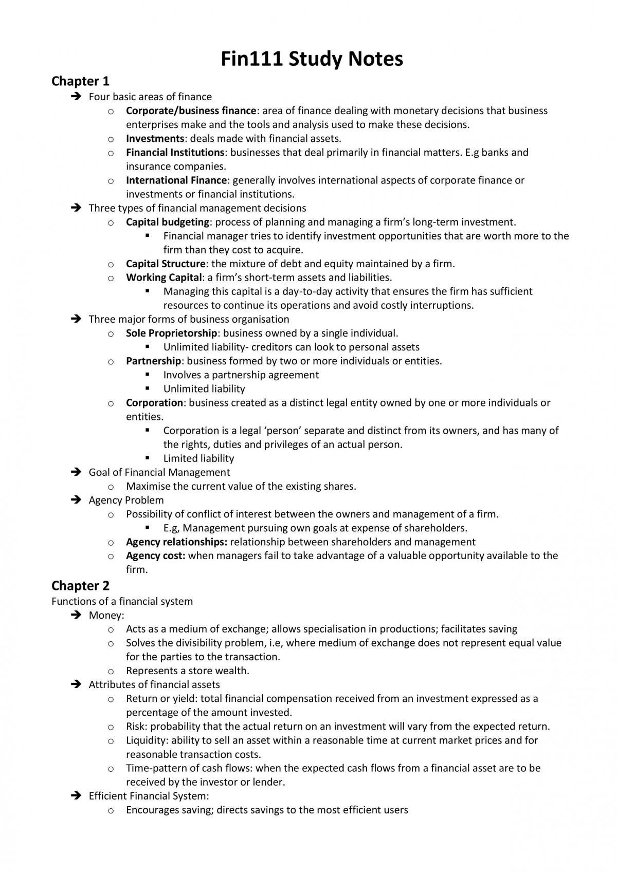 FIN 111 Study notes - Page 1