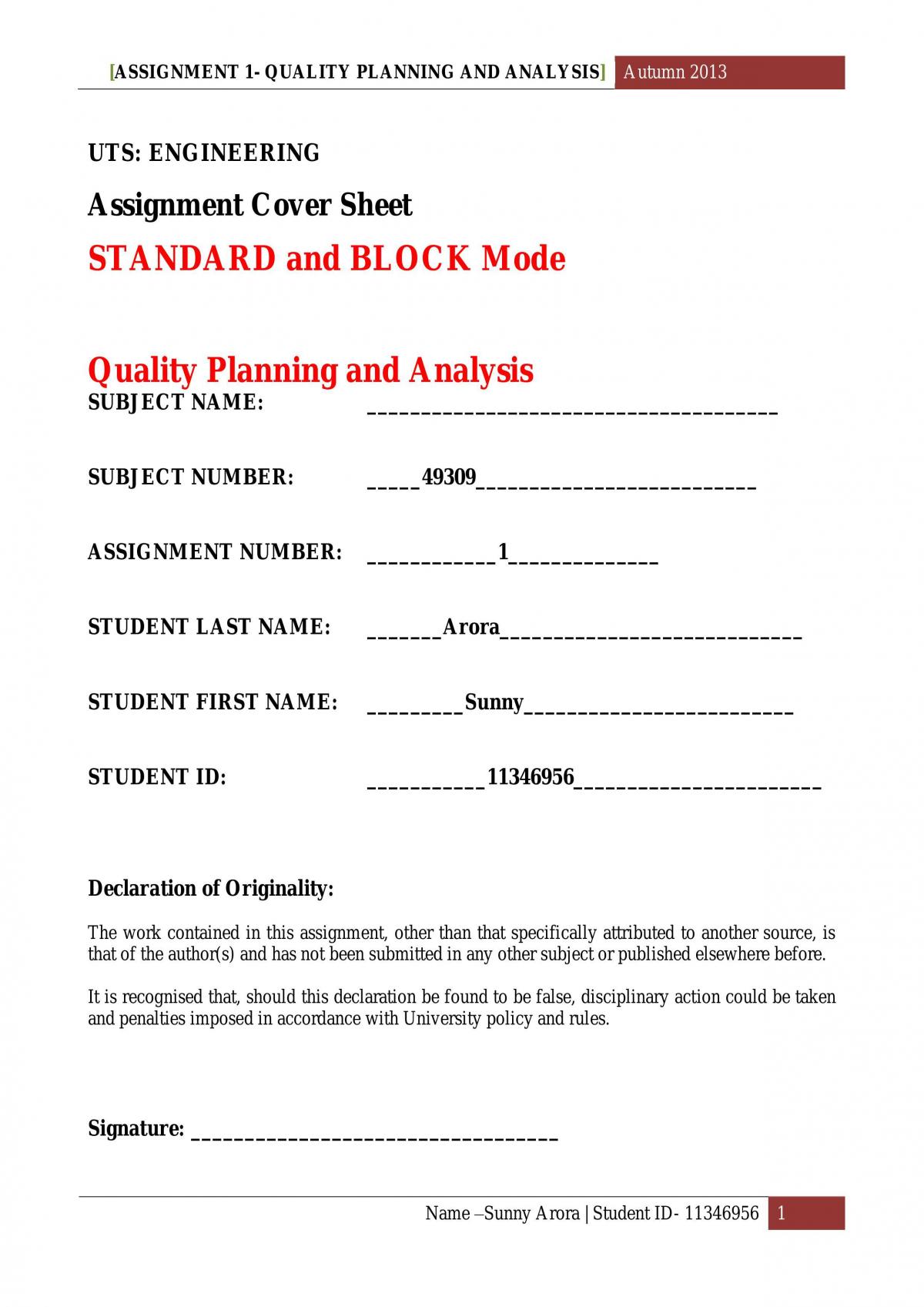 Assignment - quality planning and analysis - Page 1
