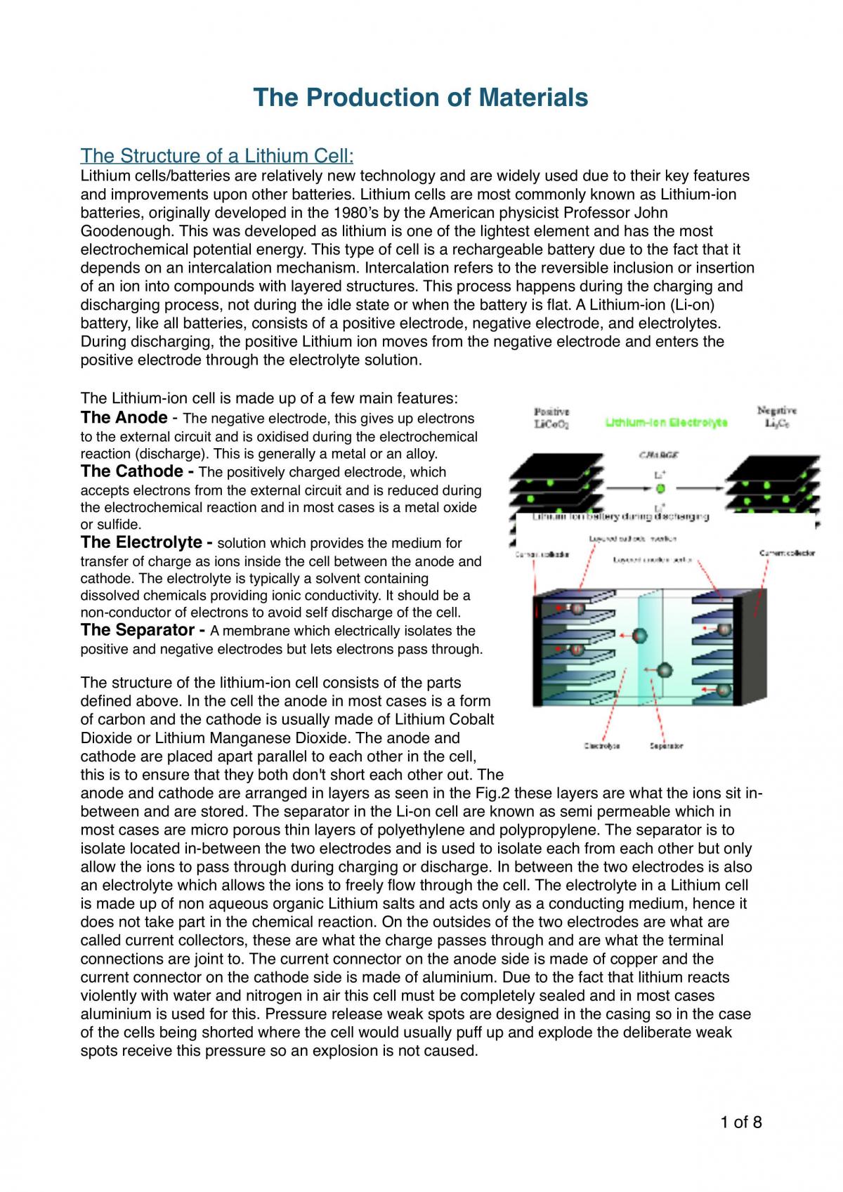 The Production of Materials - Lithium Cell - Page 1