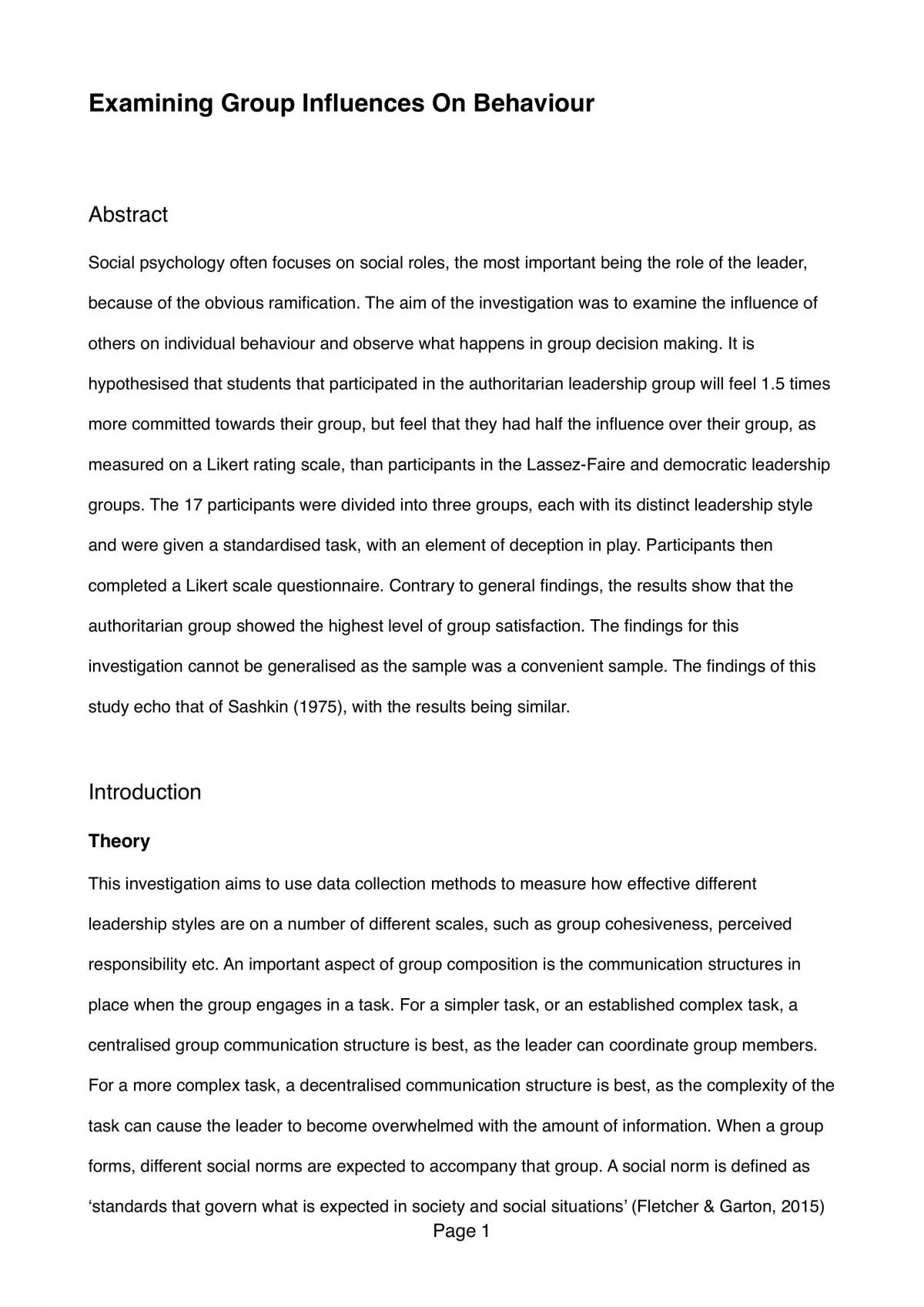 Influences on Group Behaviour Report - Page 1