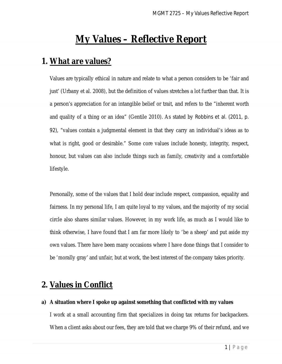 Assignment 1 - My Values reflective report - Page 1