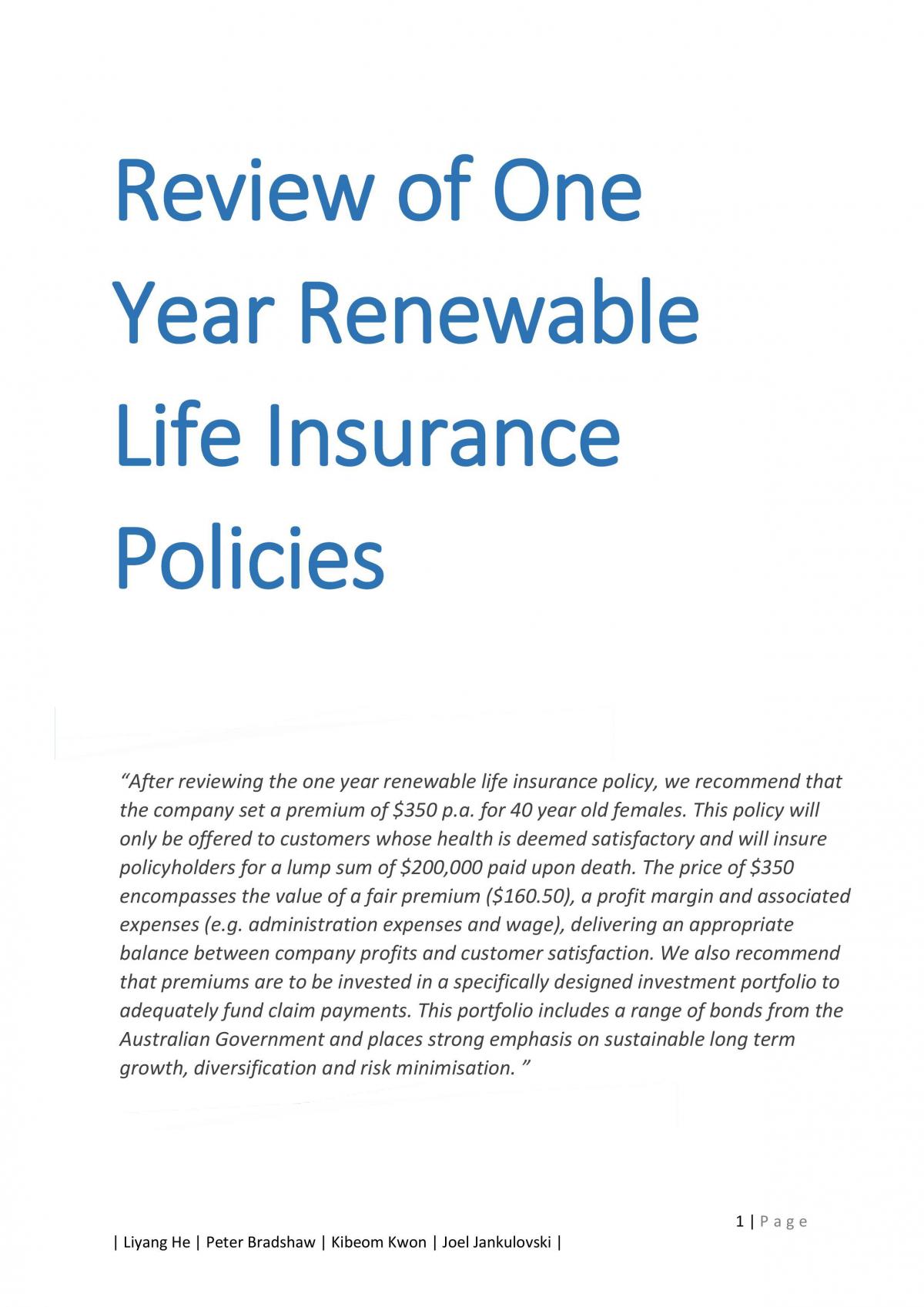 ACTL1101 Group Case Study Insurance Product Review - Page 1