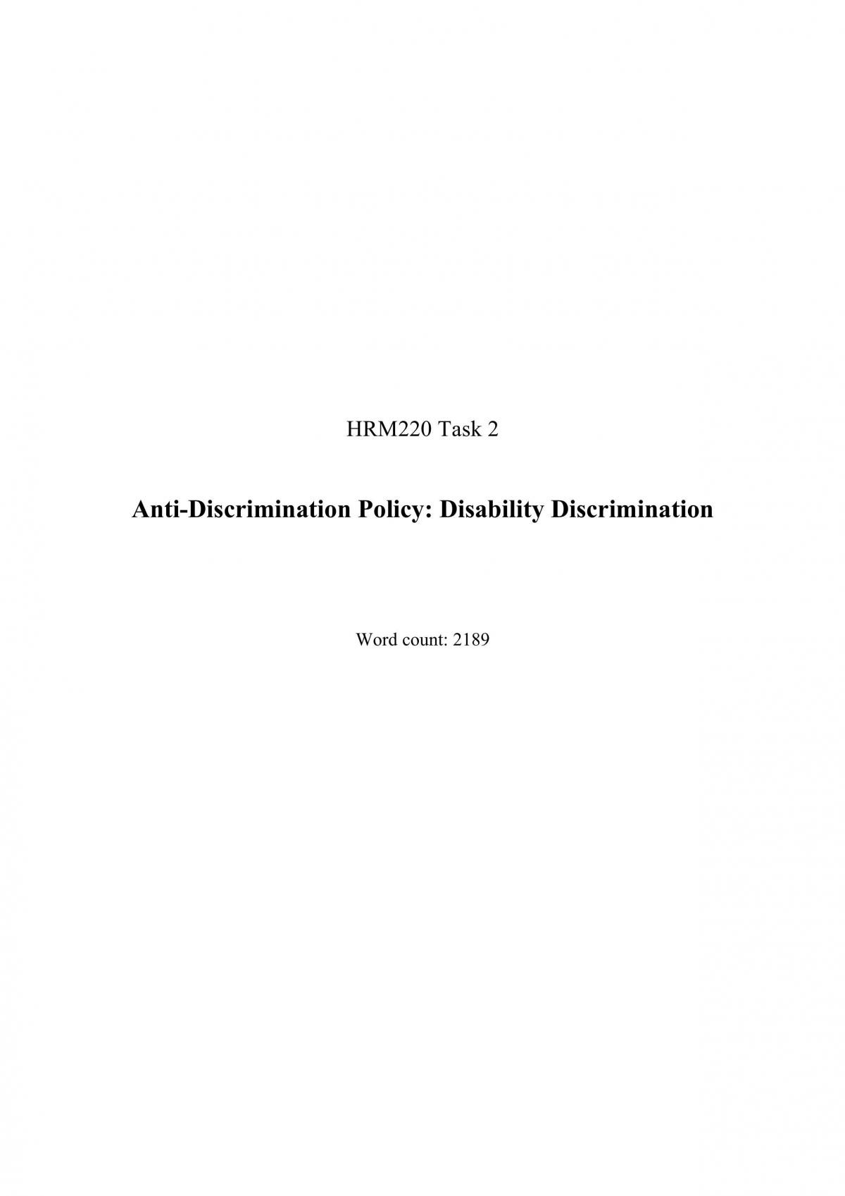 HRM220 Task 2 - Anti-Discrimination Policy - Page 1