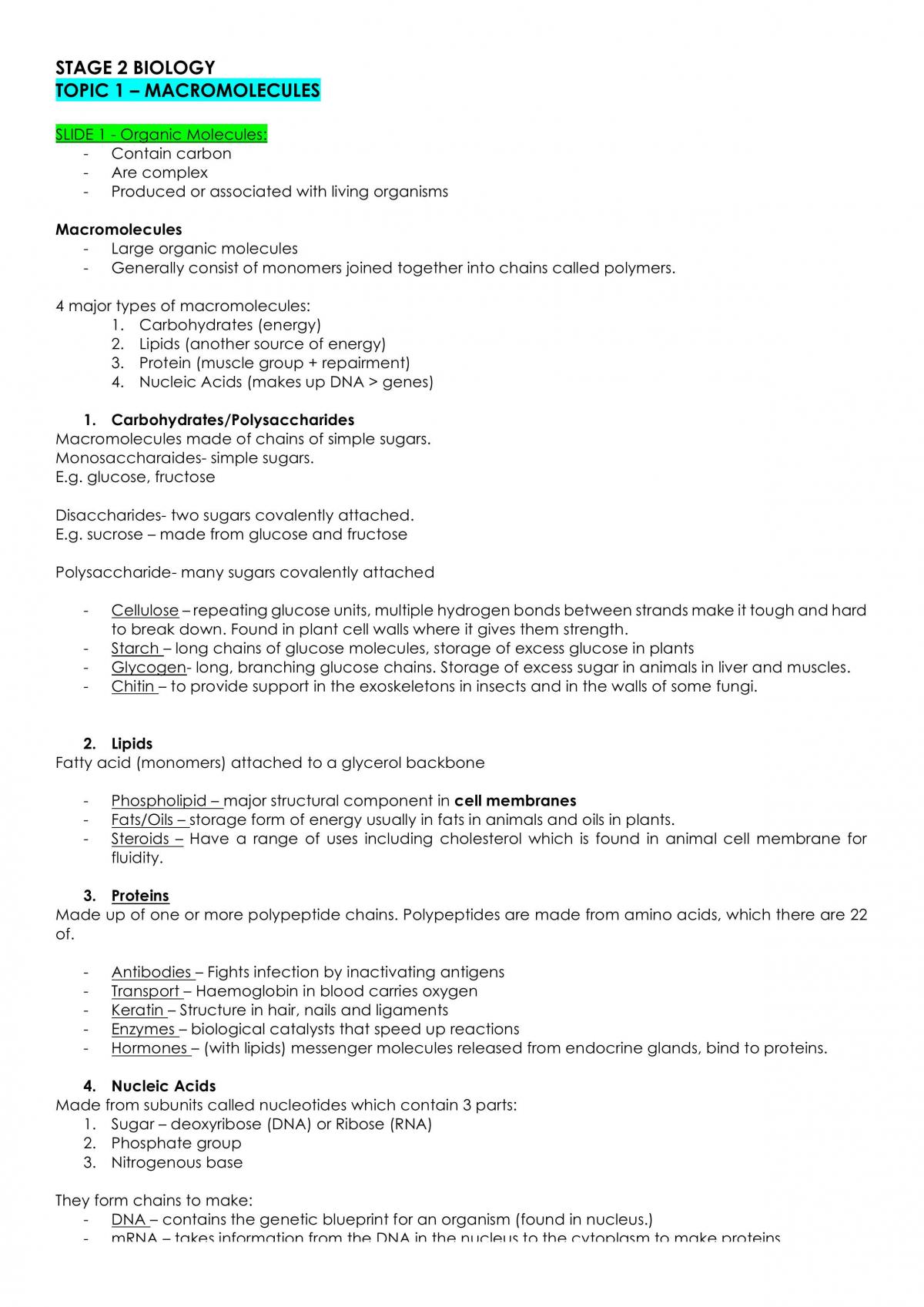 Biology Macromolecules Topic Notes - Page 1