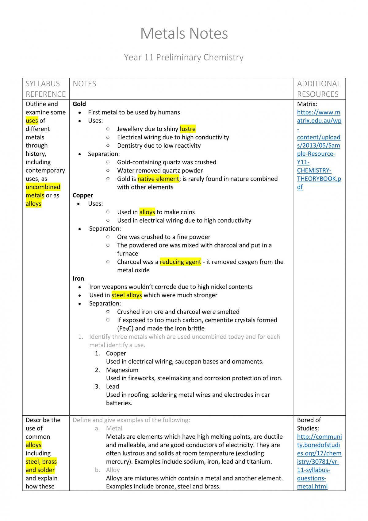 Chemistry Metals Notes - Page 1