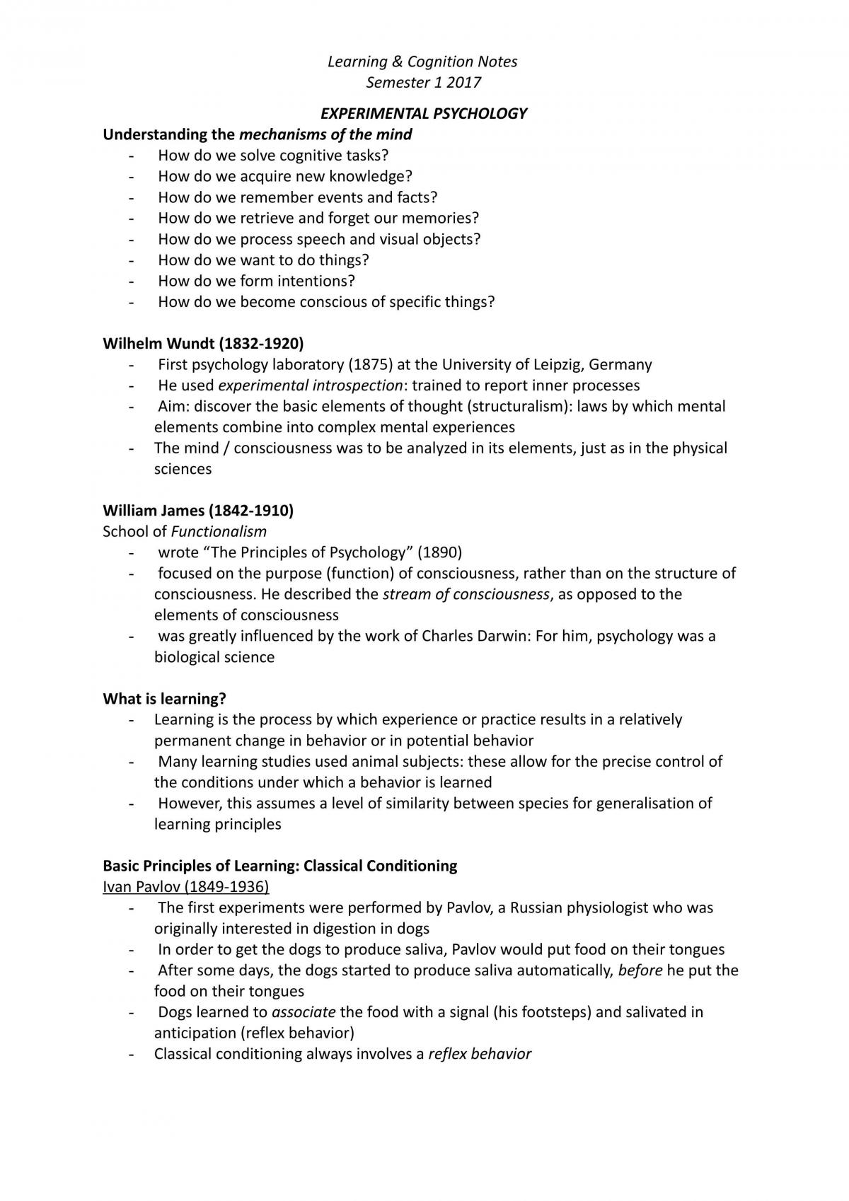 Learning and Cognition, Semester 1 Notes - Page 1