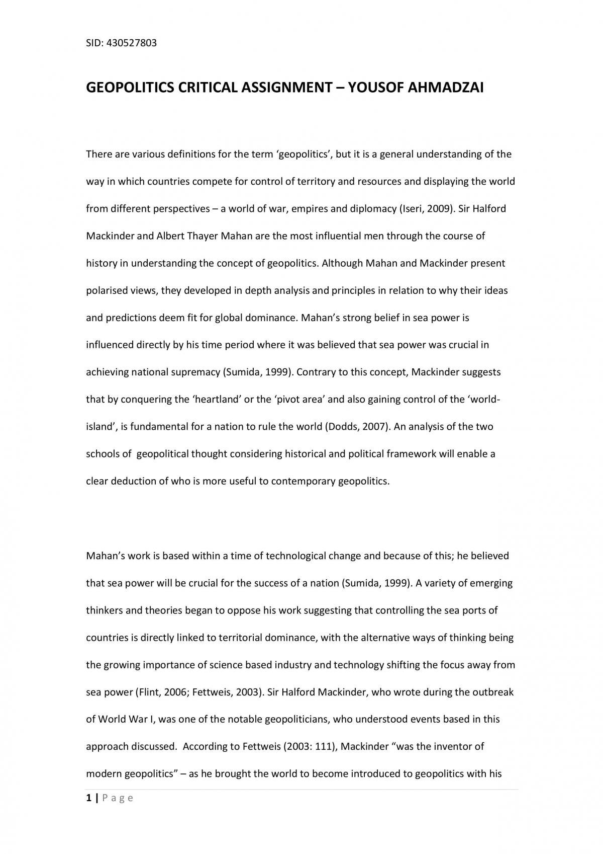 Mackinder and Mahan Critical Assignment - Page 1