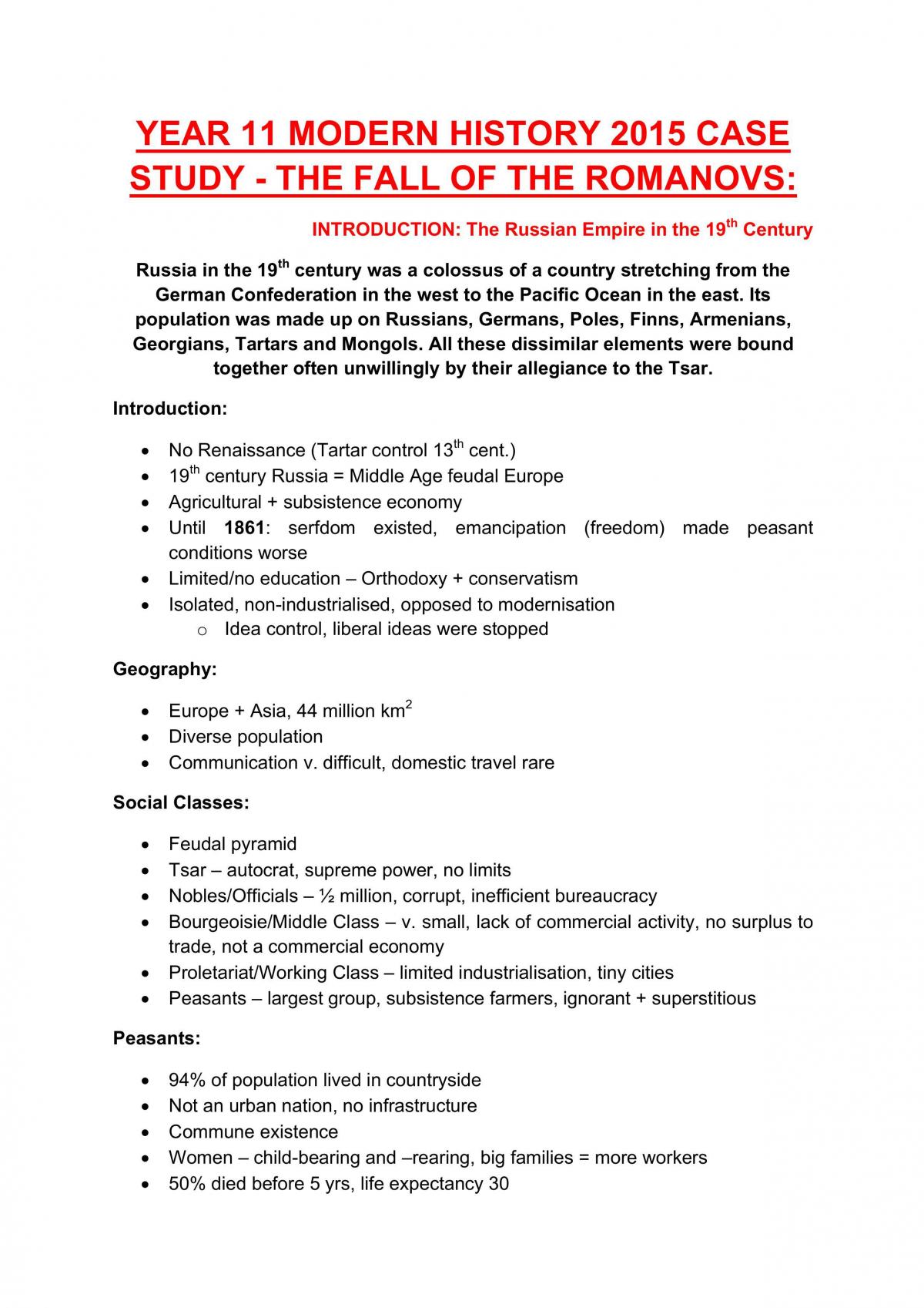 Fall of the Romanov's Study Notes - Page 1