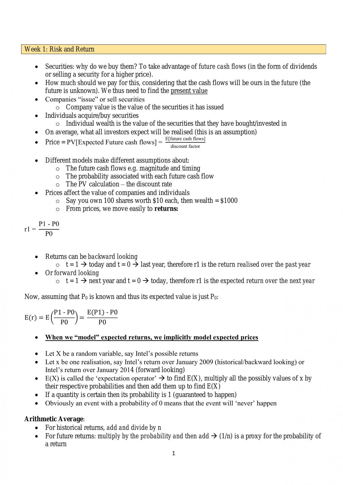 FINC2012 Mid Semester Exam Notes (Weeks 1-4) - Page 1