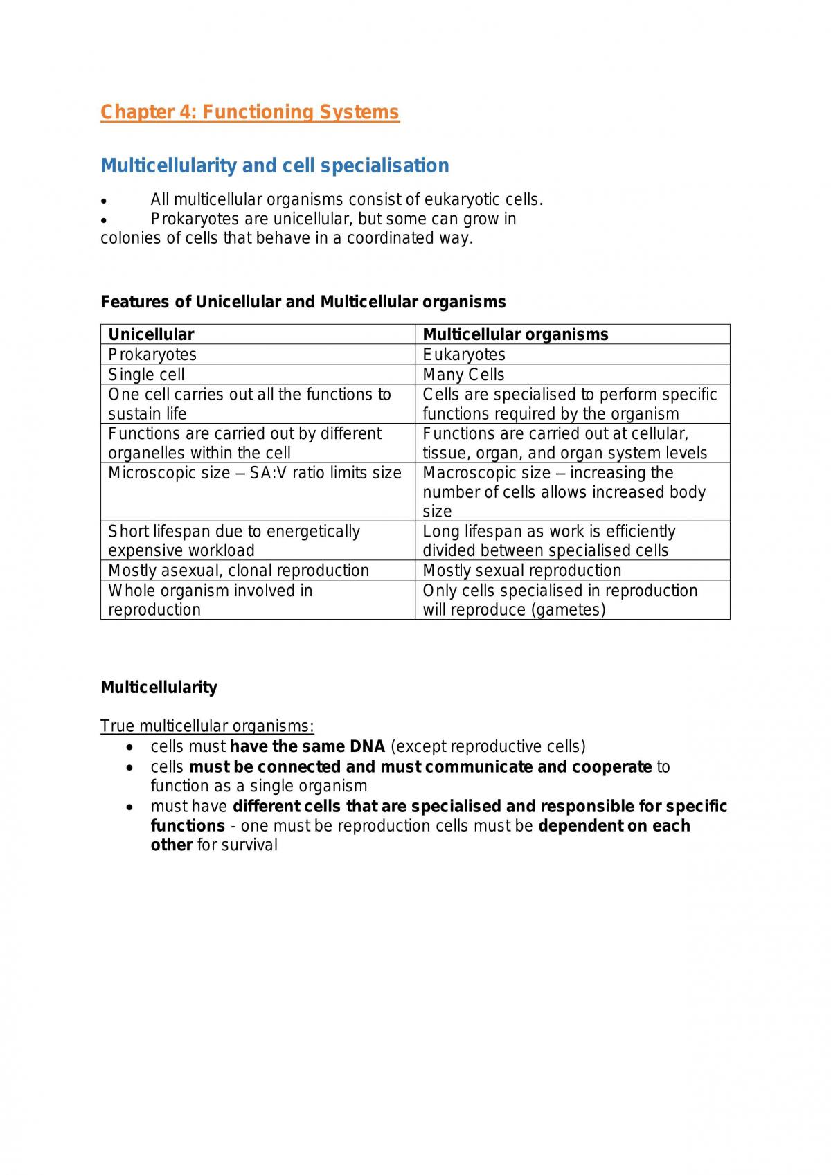 Unit 1 Biology: Functioning Systems - Page 1