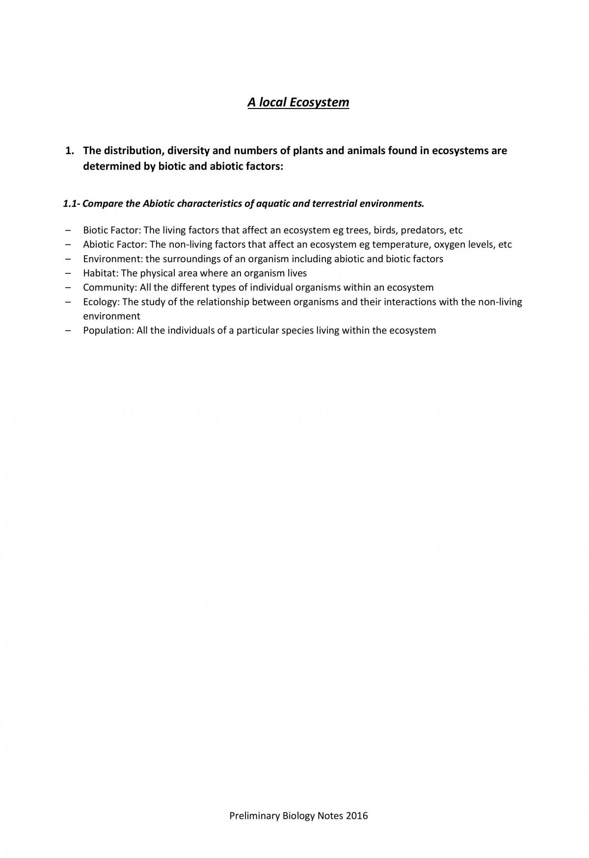 Preliminary Biology Notes (ALE, PIN & LOE) - Page 1