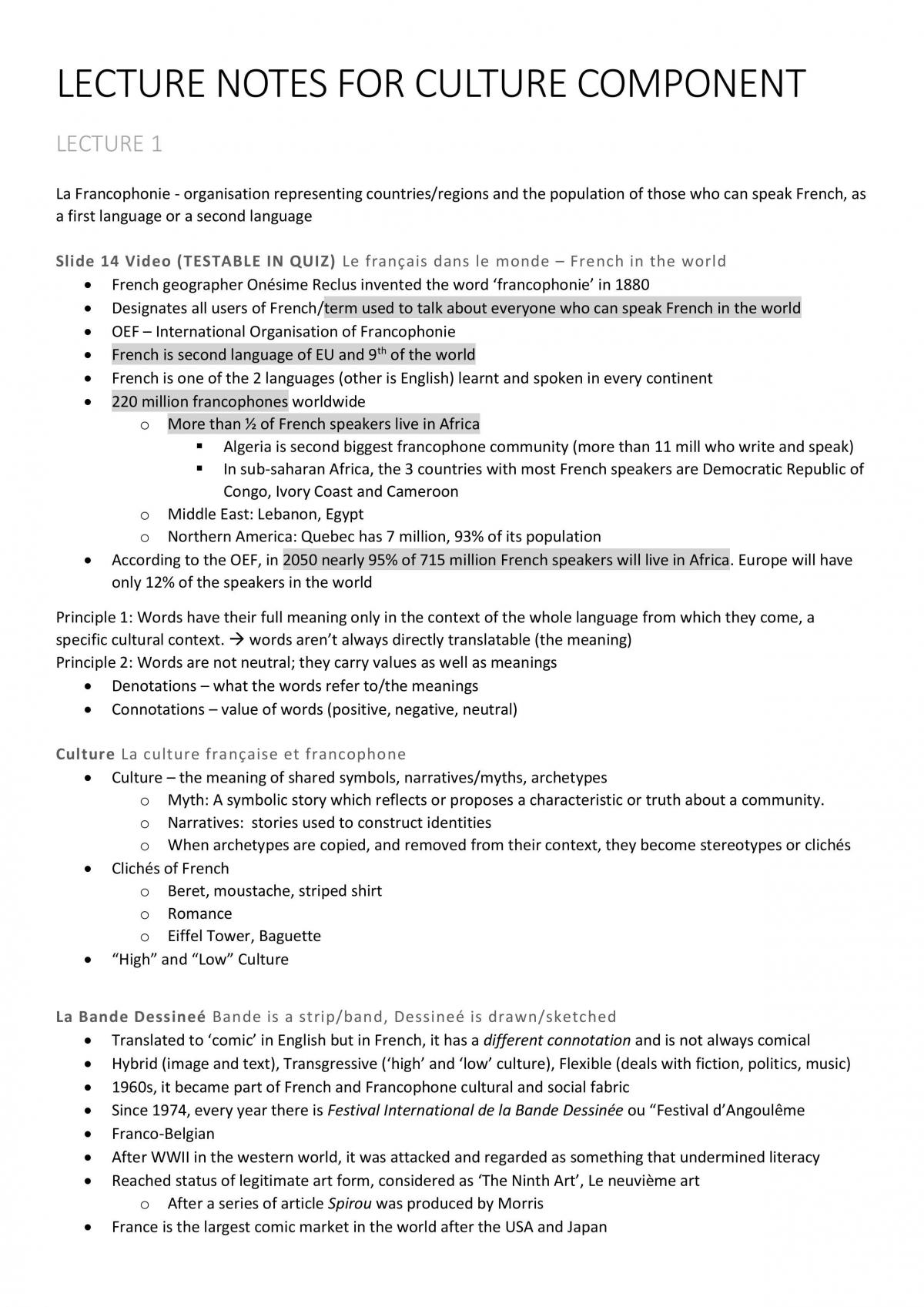 ATS1061 French Introductory 1 Full Set of Culture Component Notes - Page 1