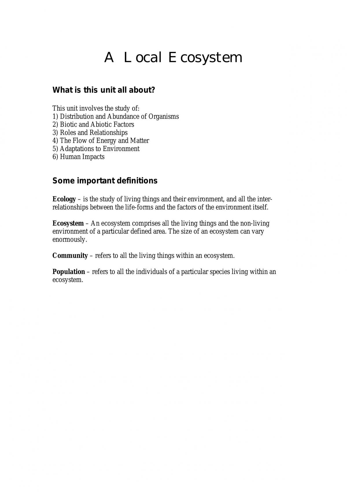 A Local Ecosystem Biology Notes - Page 1