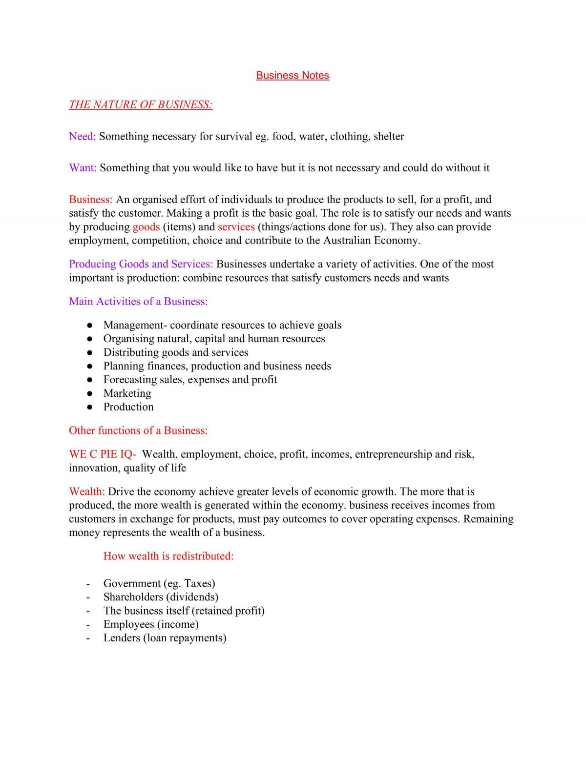 Year 11 Full Preliminary Course Notes - Business Studies - Page 1