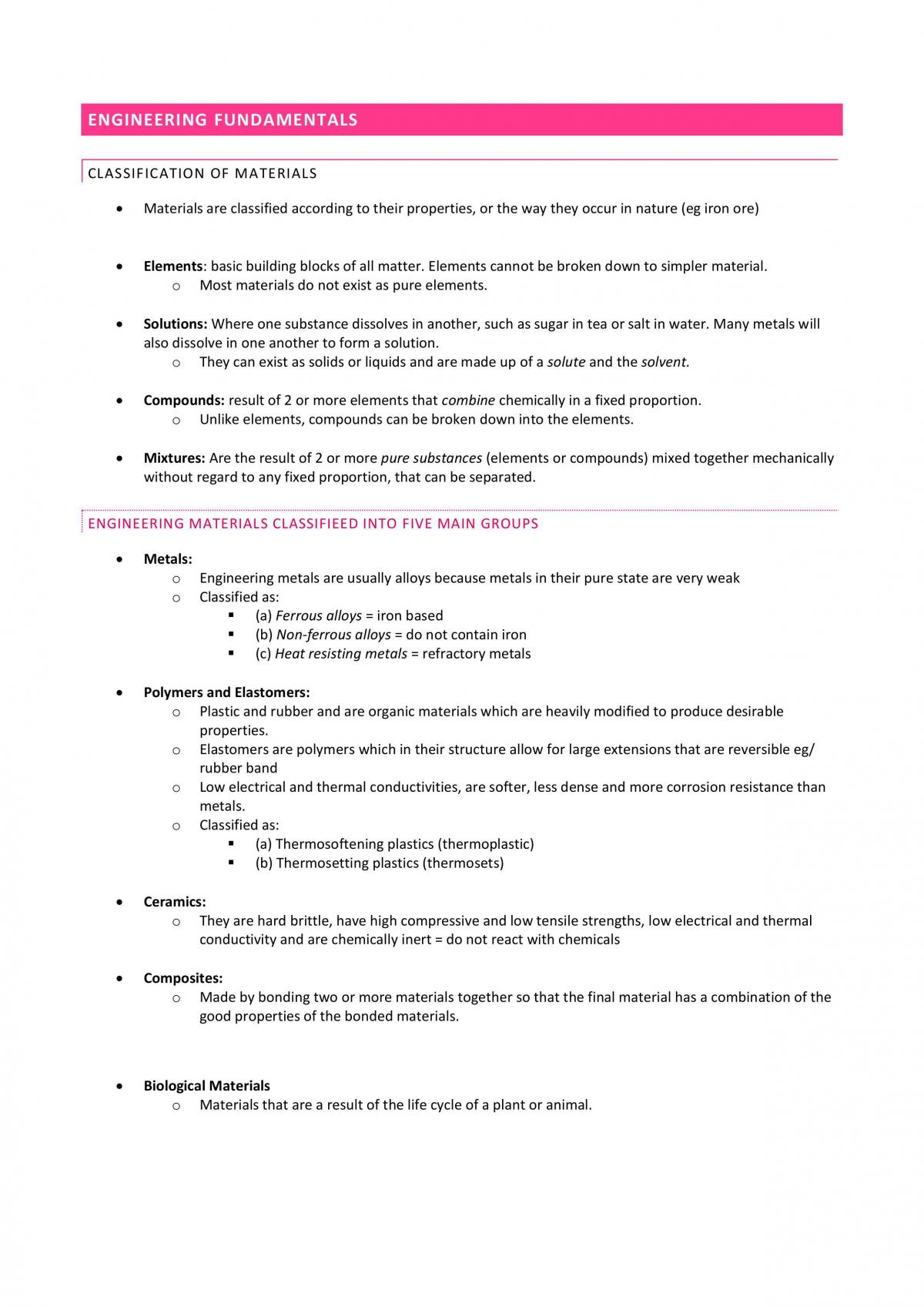 Year 11 Engineering Notes 'Engineering Fundamentals' & 'Engineered Products' - Page 1
