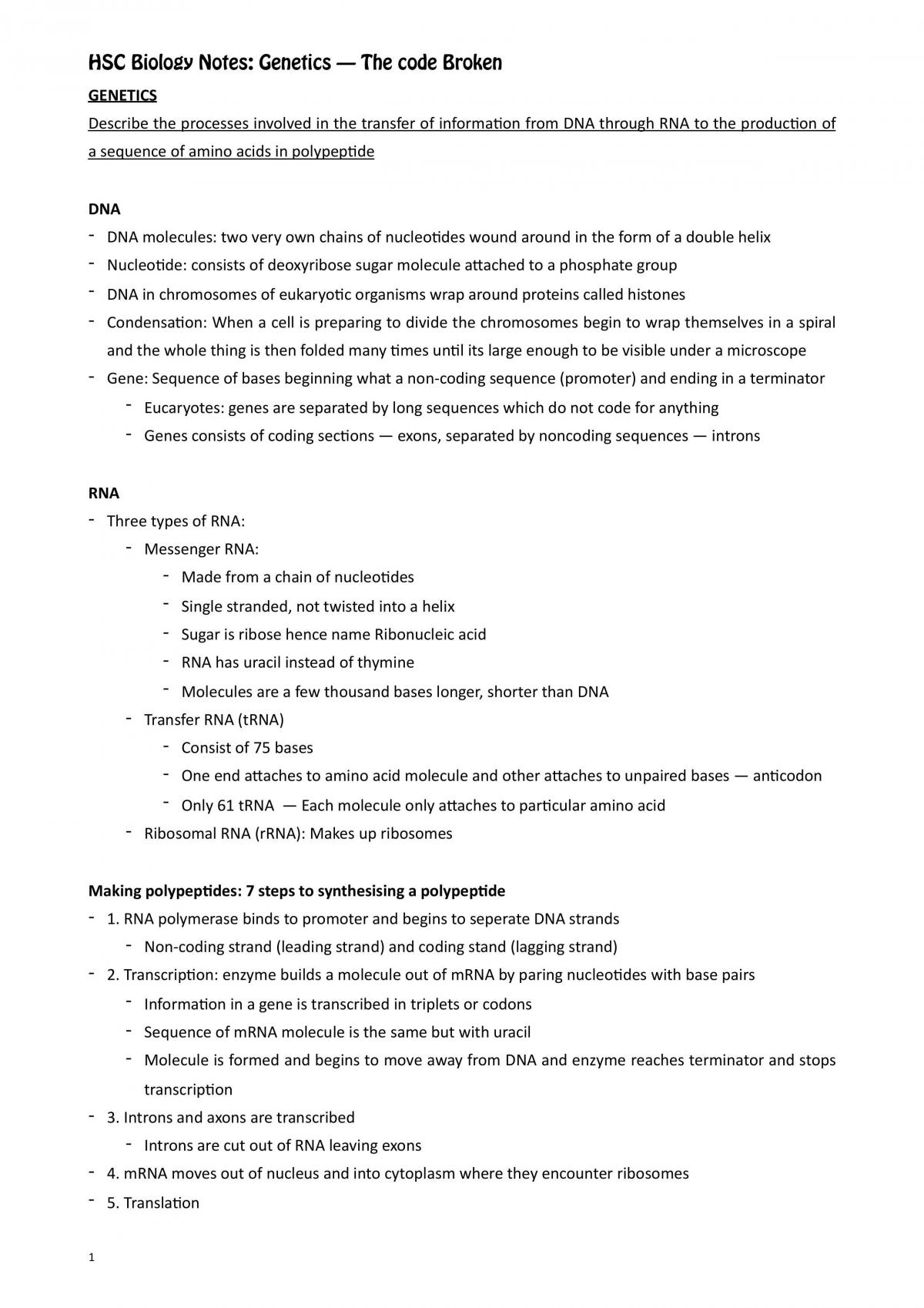 Entire Summary of the Elective Topic of Genetics the Code Broken for Biology - Page 1