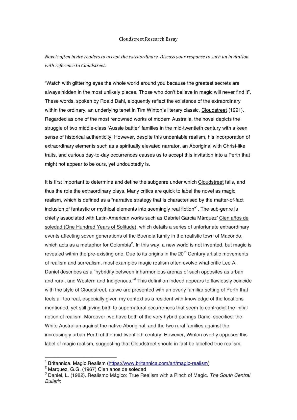 Cloudstreet Research Essay - Page 1