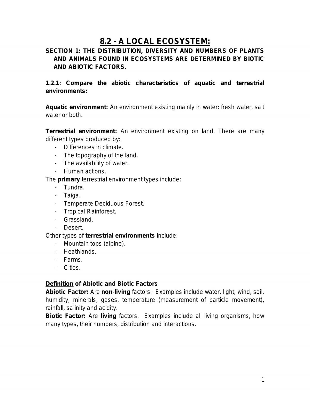 Biology Complete Local Ecosystem Notes - Page 1