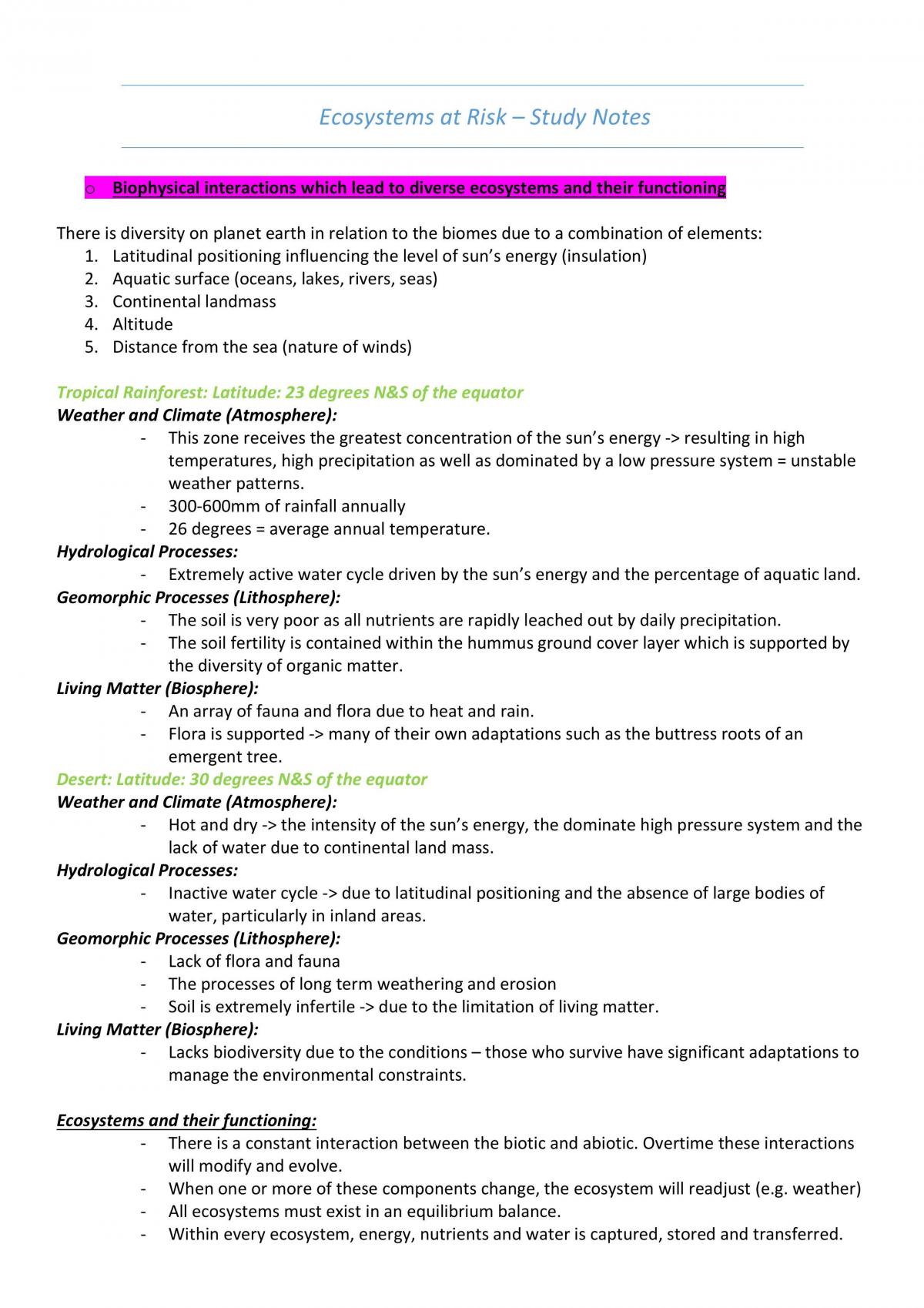 Ecosystems at Risk – Study Notes - Page 1