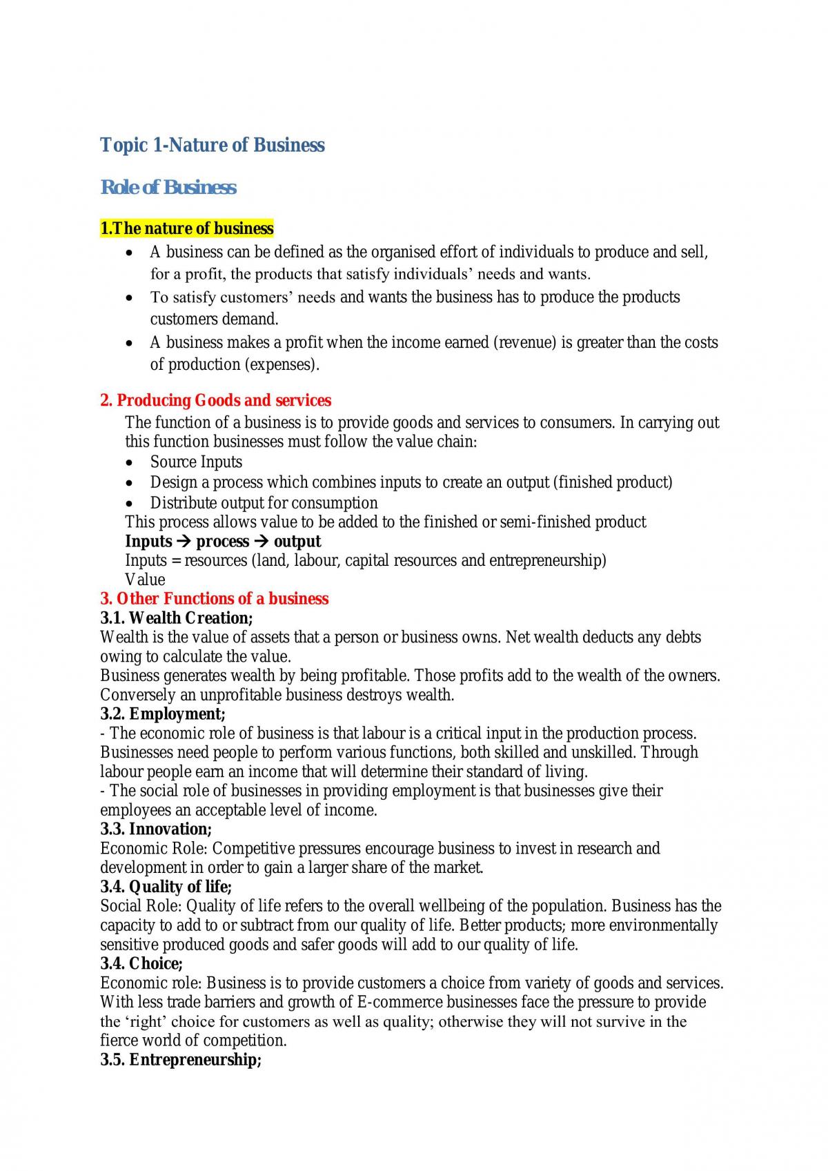 Year 11 Business Studies Notes - Page 1