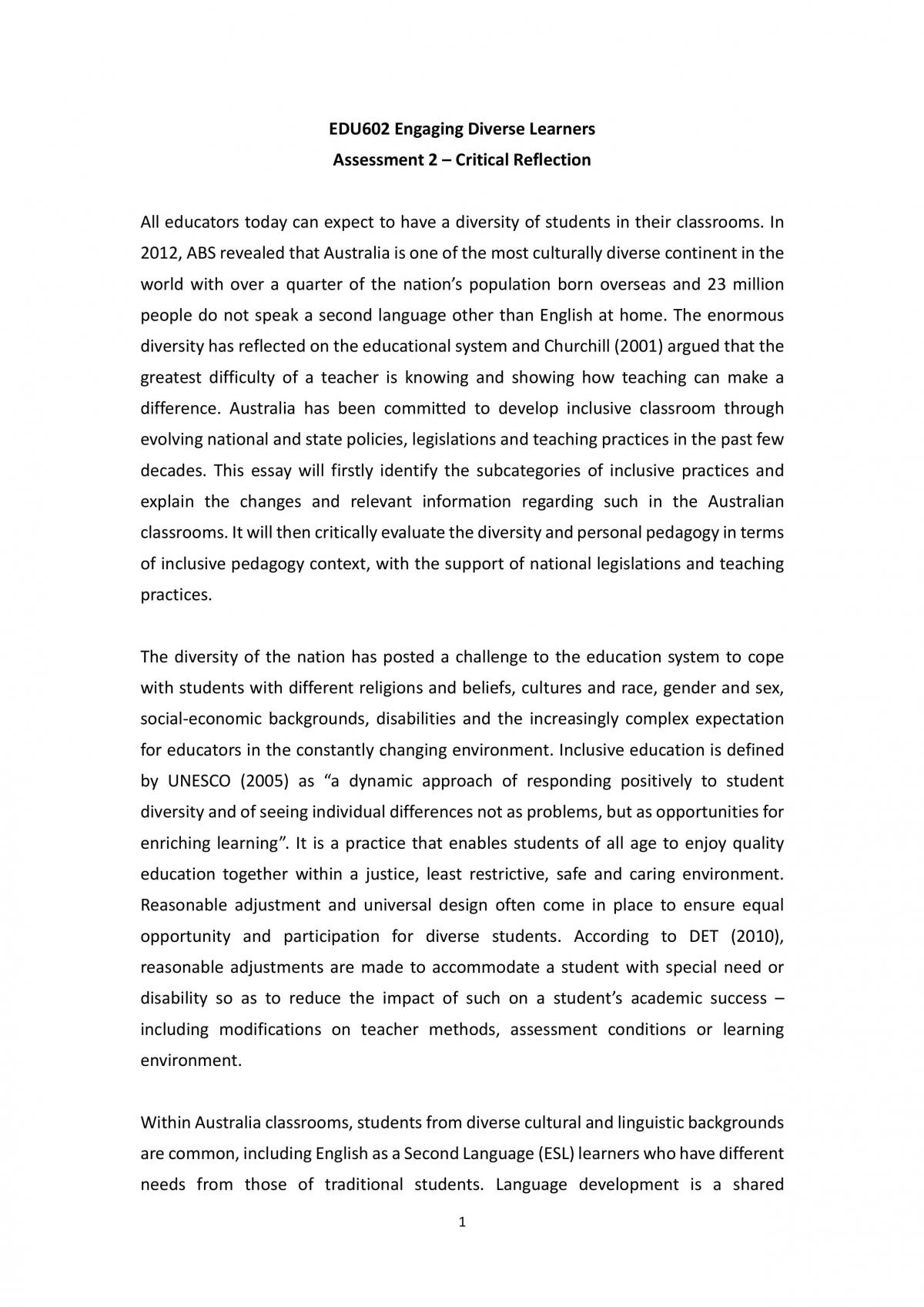 Engage Diverse Learners Critical Reflection - Page 1