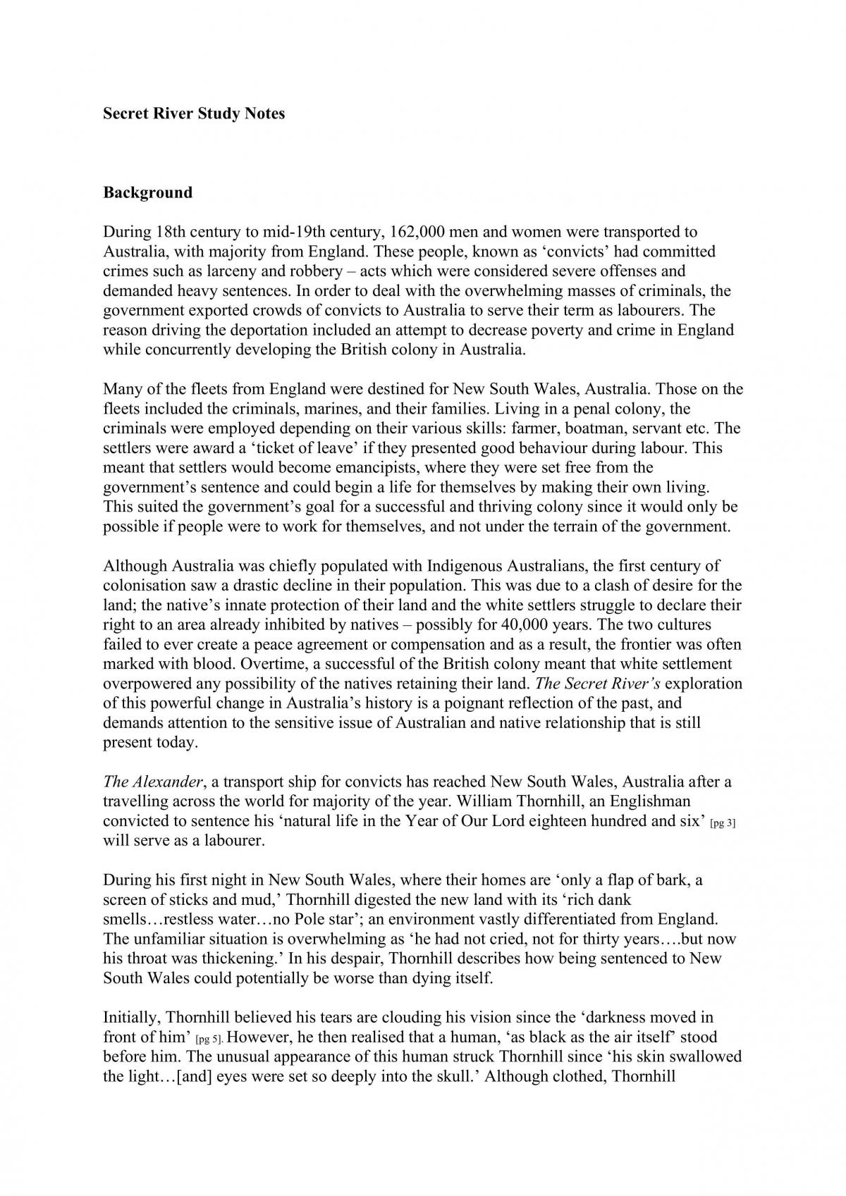 The Secret River Study Notes - Page 1
