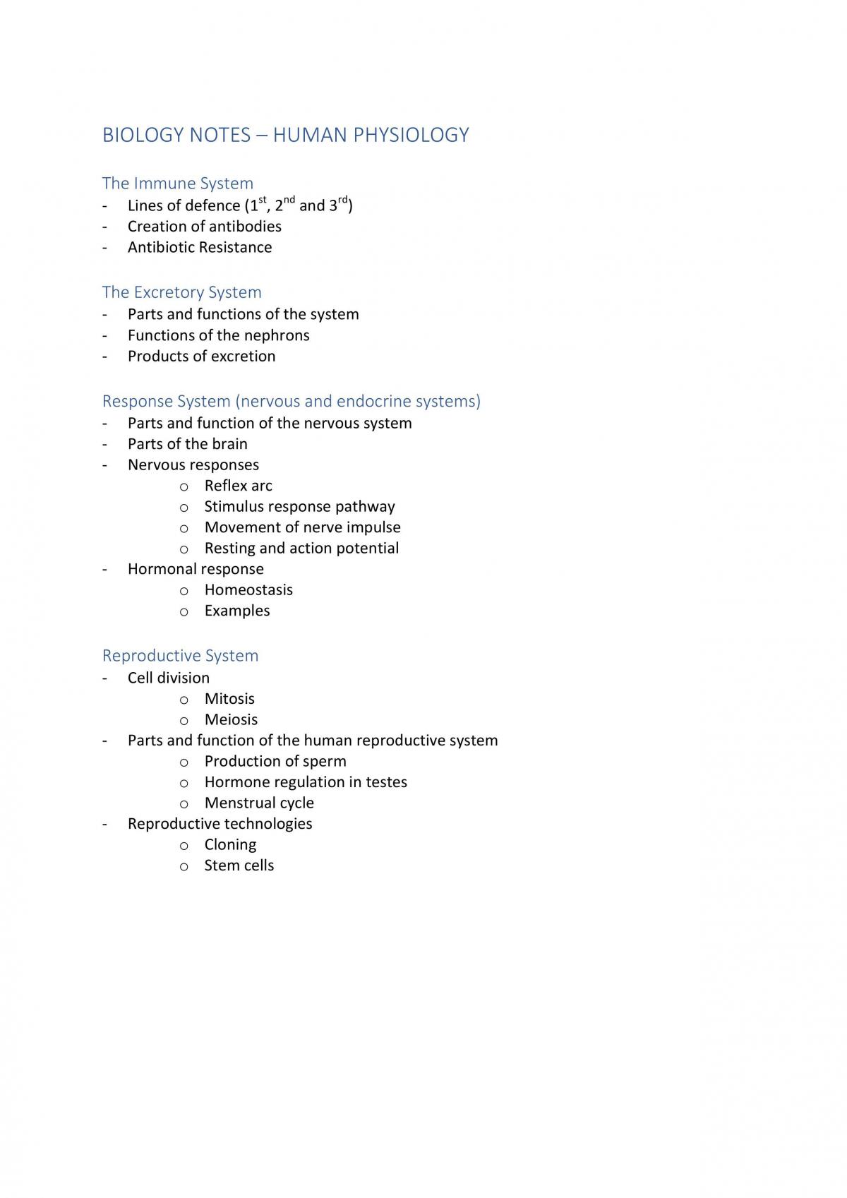 Biology - Human Physiology Notes - Page 1