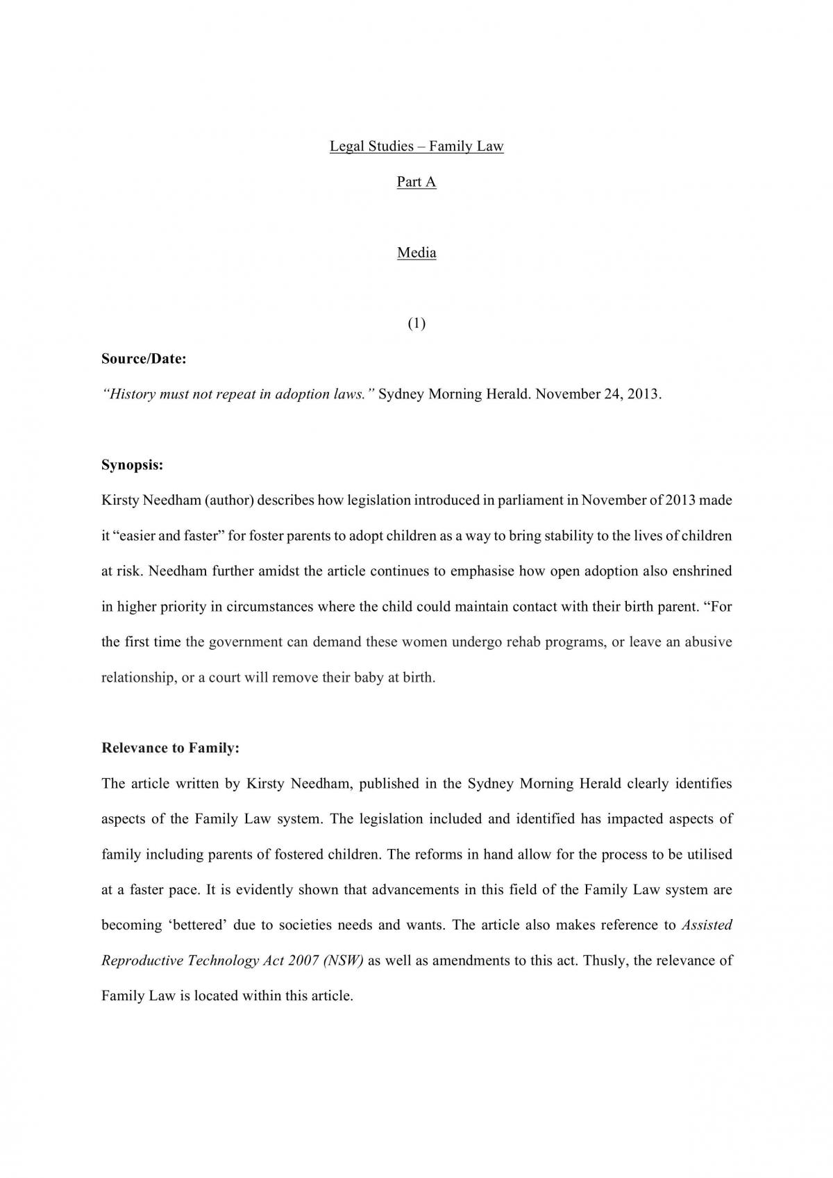 Family Law - Case Analysis and Essay - Page 1