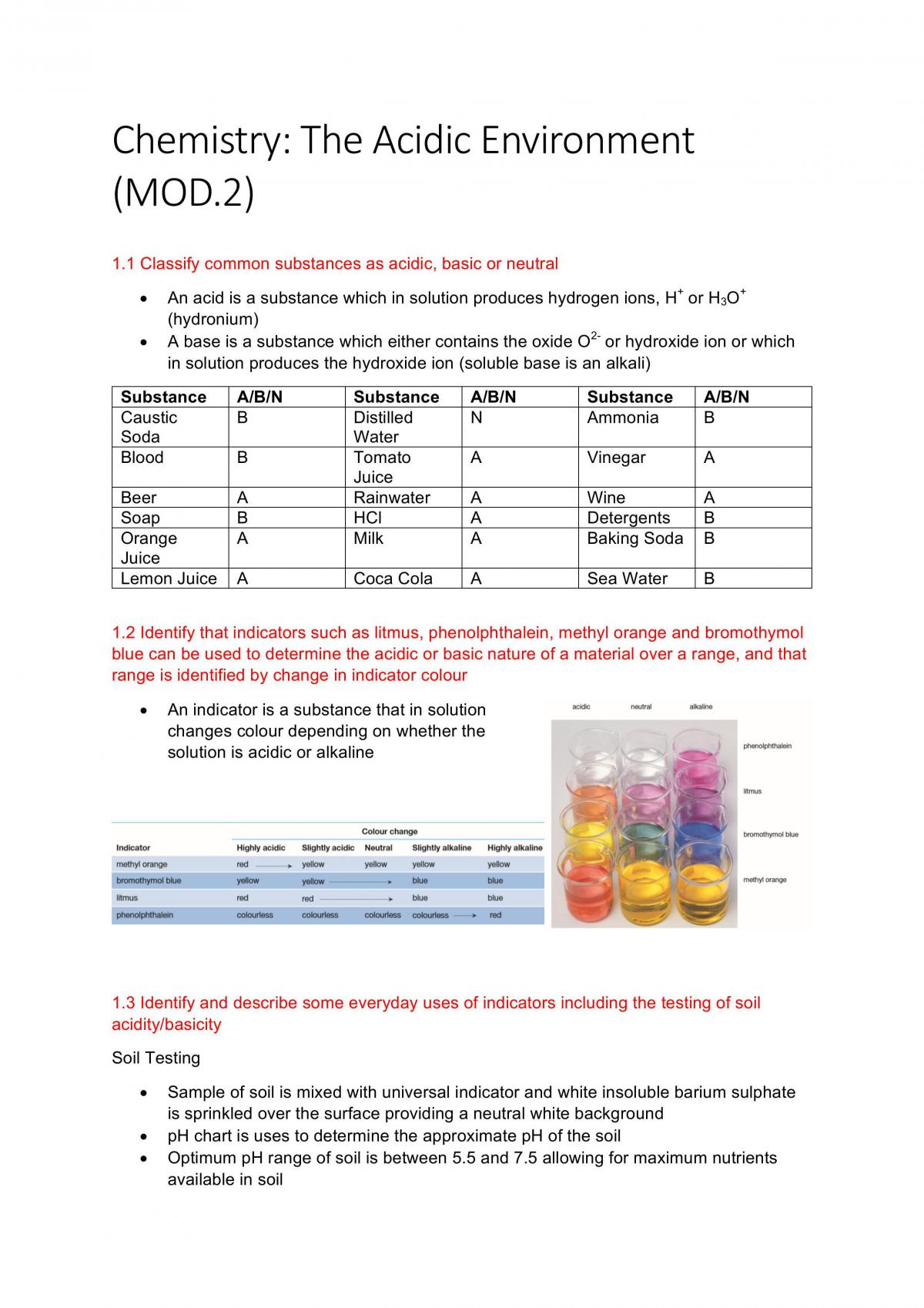 HSC Chemistry Notes - Acidic Environment  - Page 1