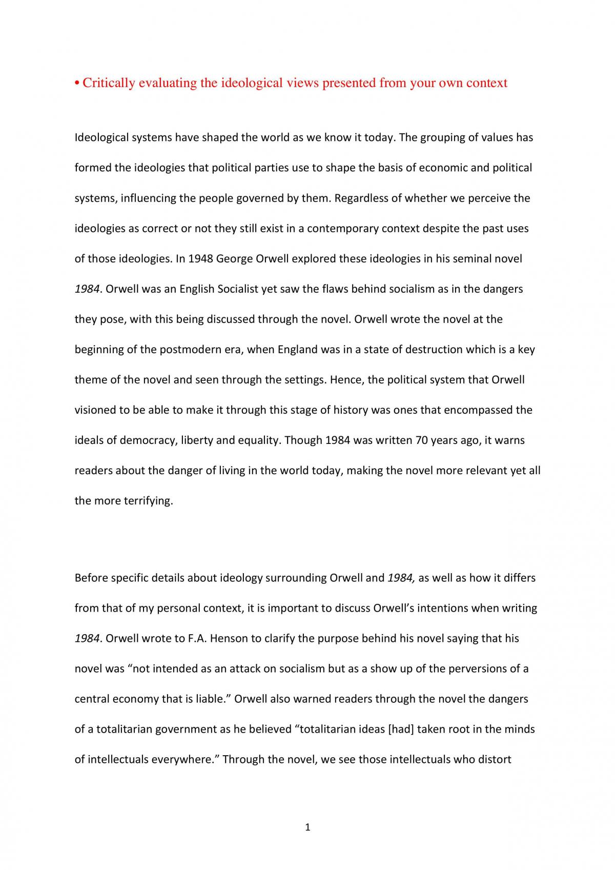 1984 Research Essay  - Page 1