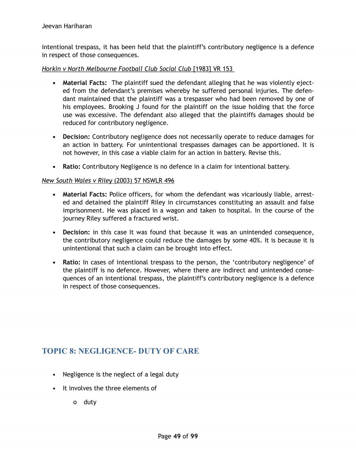 full torts notes (cases/legisaltion/problem question answers - Page 49