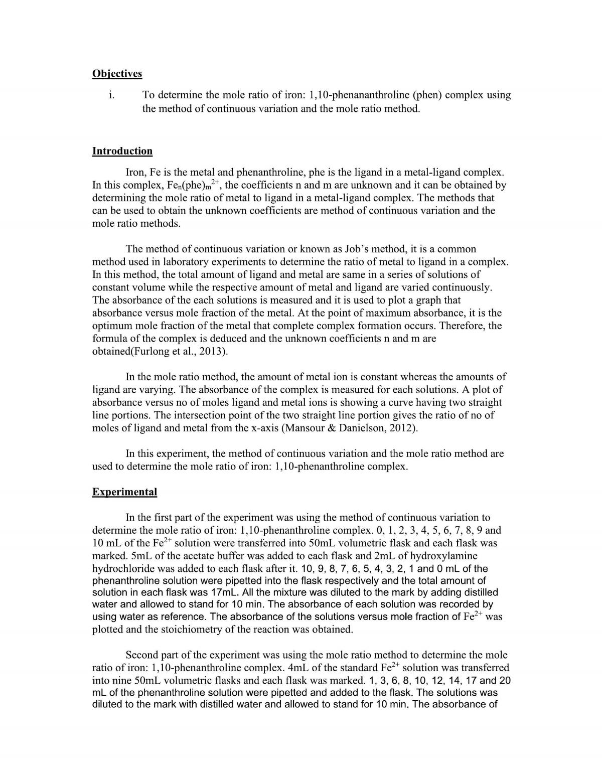 Determination of the mole ratio of iron:  1,10-phenanthroline in the complex - Page 2