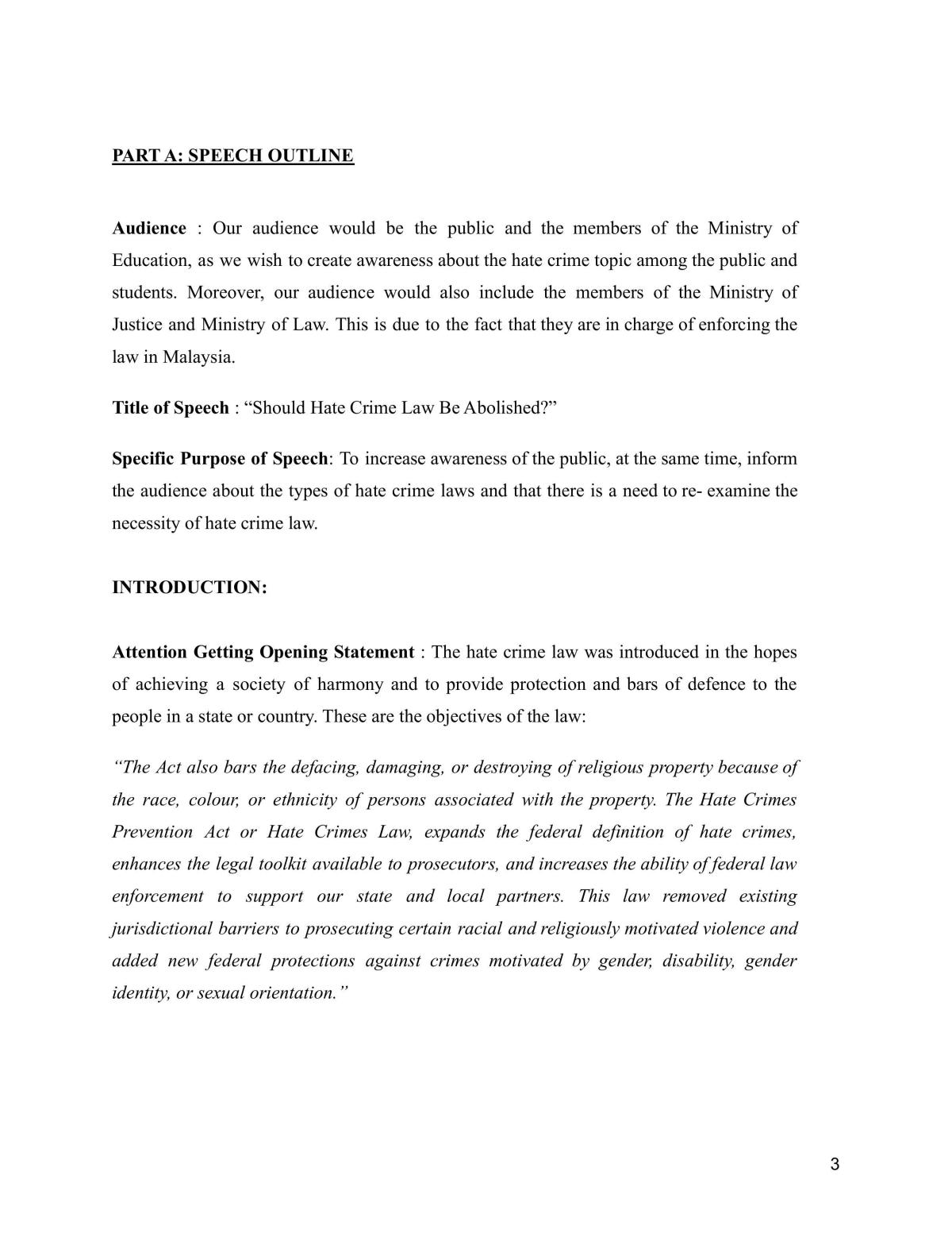 Speech Outline | GLT1014 - Advanced Communication Skills - UM | Thinkswap