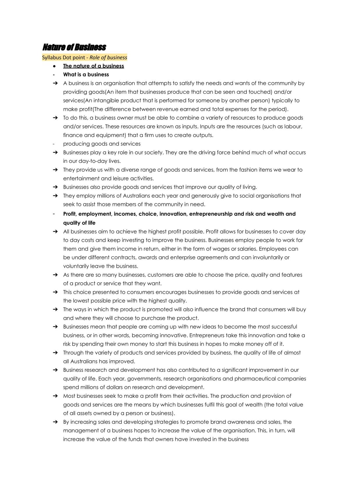 Prelim Business Notes | Business Studies - Year 11 HSC | Thinkswap